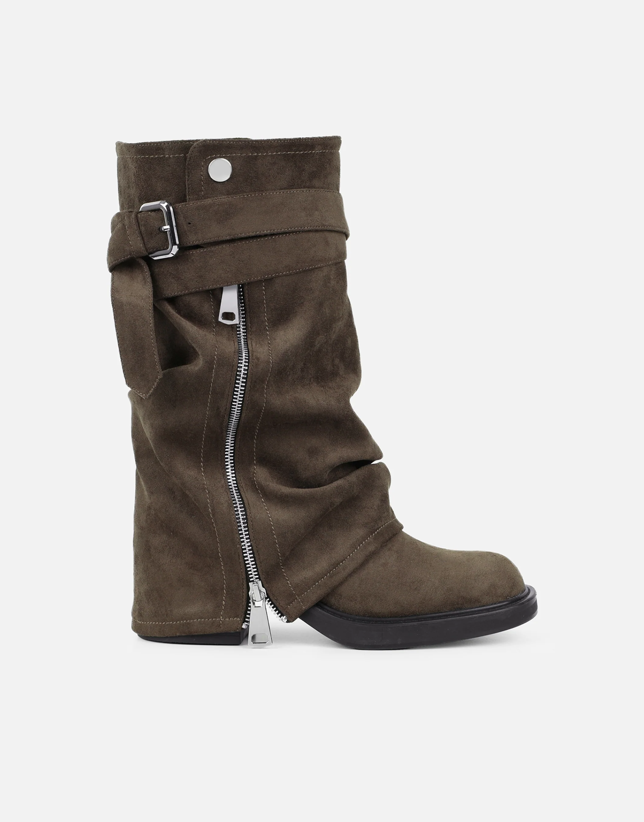 Lowry Khaki Suede Foldover Chunky Boots - Image 2