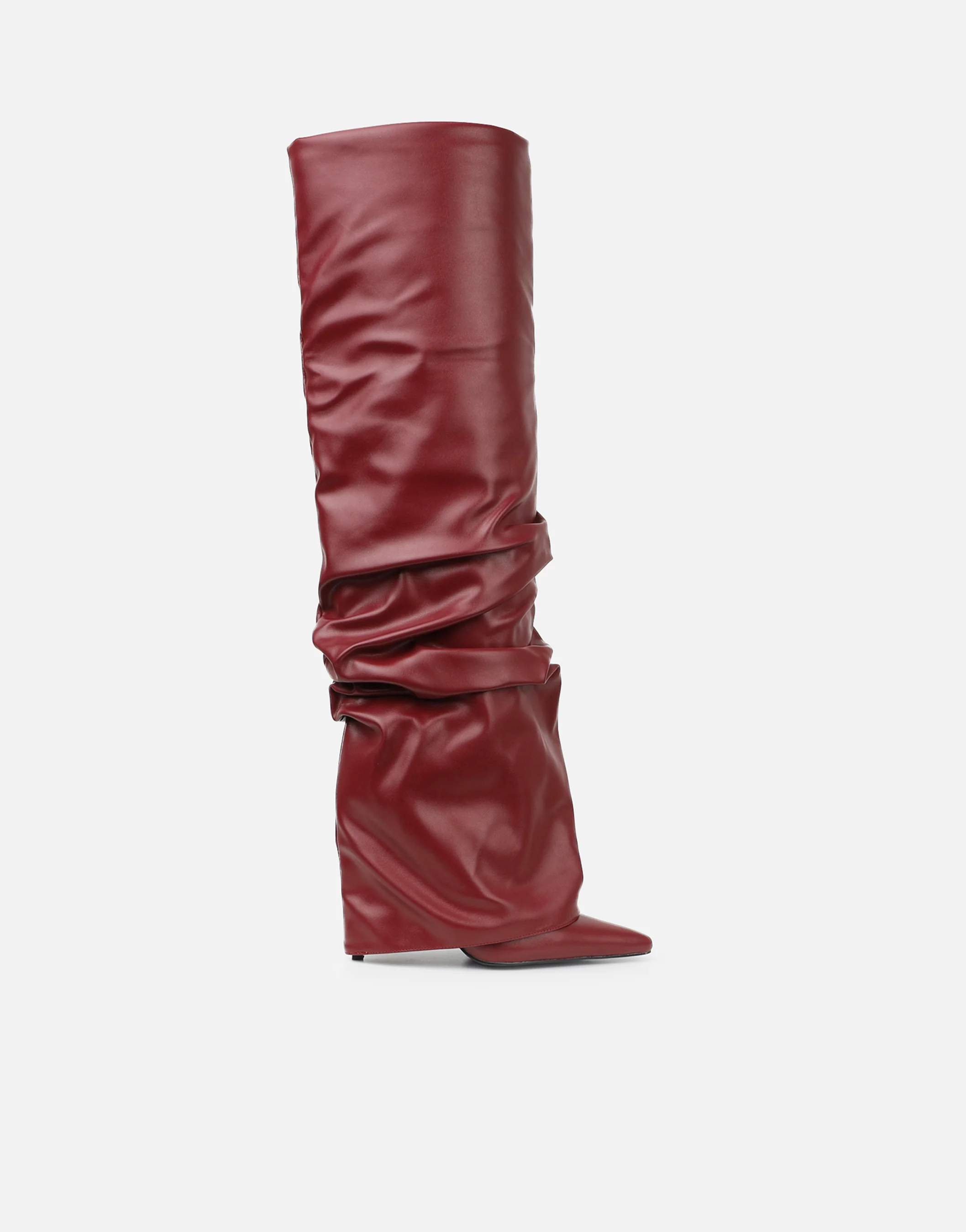 Lukas Burgundy Ruched Fold Over Knee High Boots - Image 2