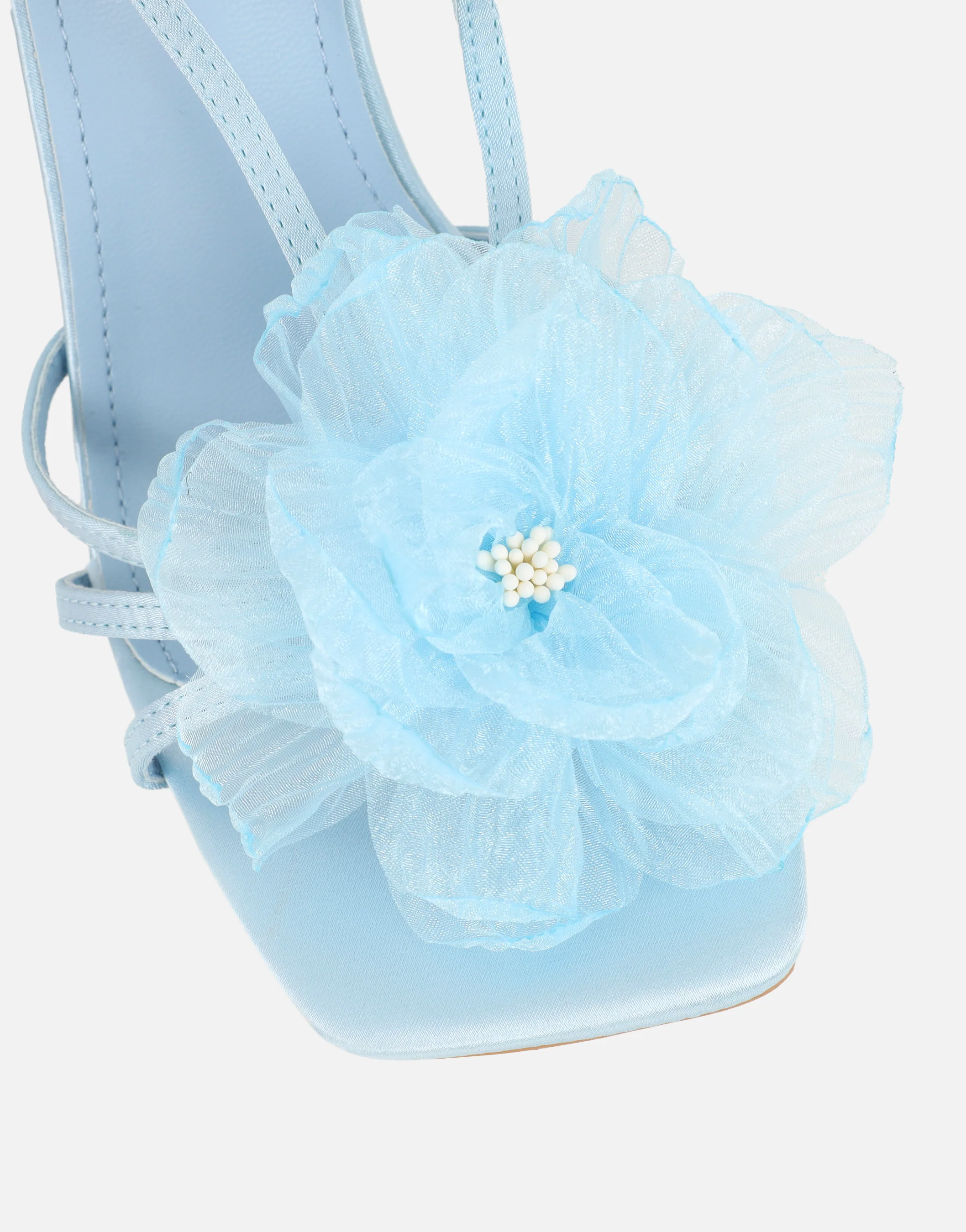Lulu Blue Satin Mesh Flower Heeled Sandals - Image 4