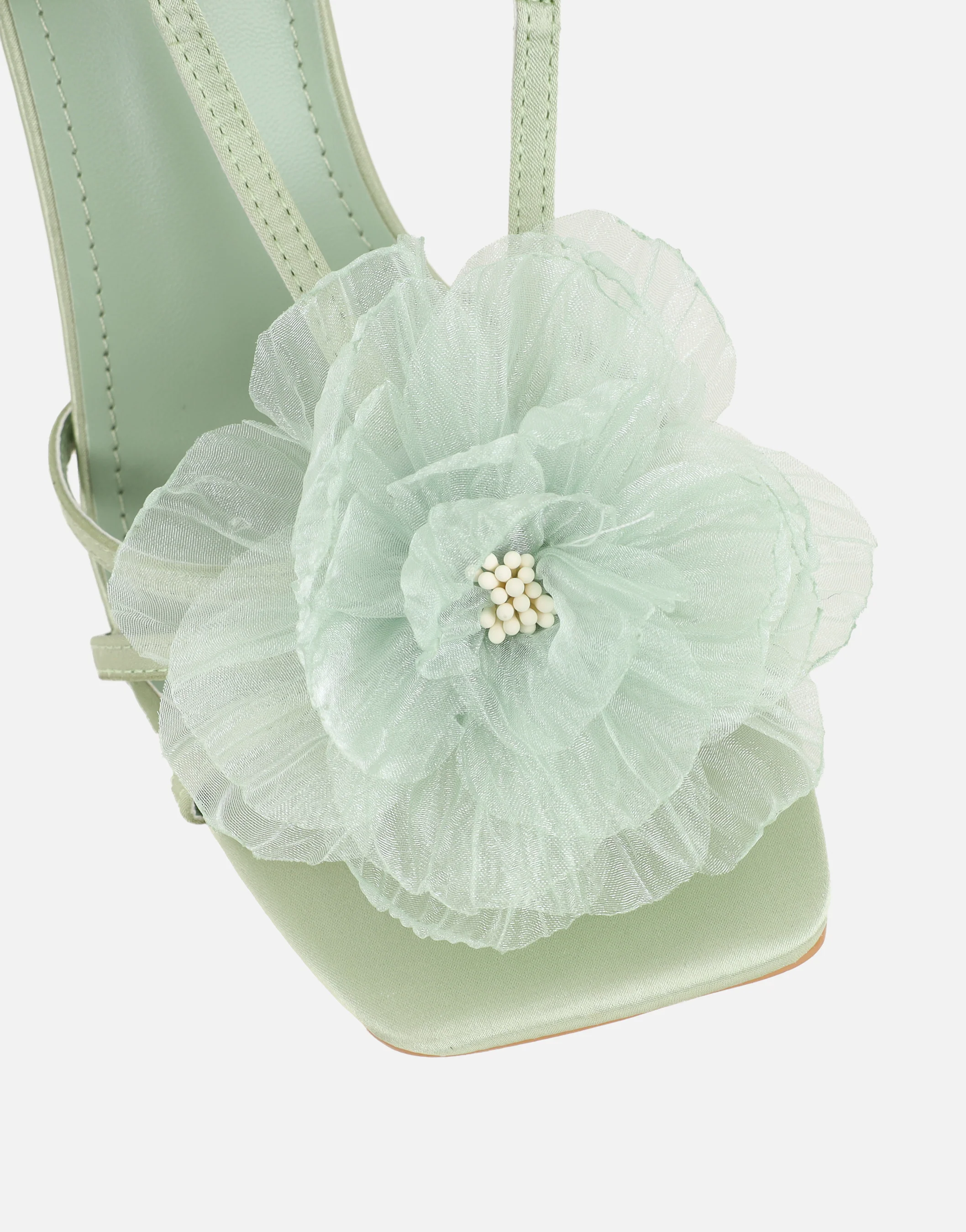 Lulu Green Satin Mesh Flower Heeled Sandals - Image 4