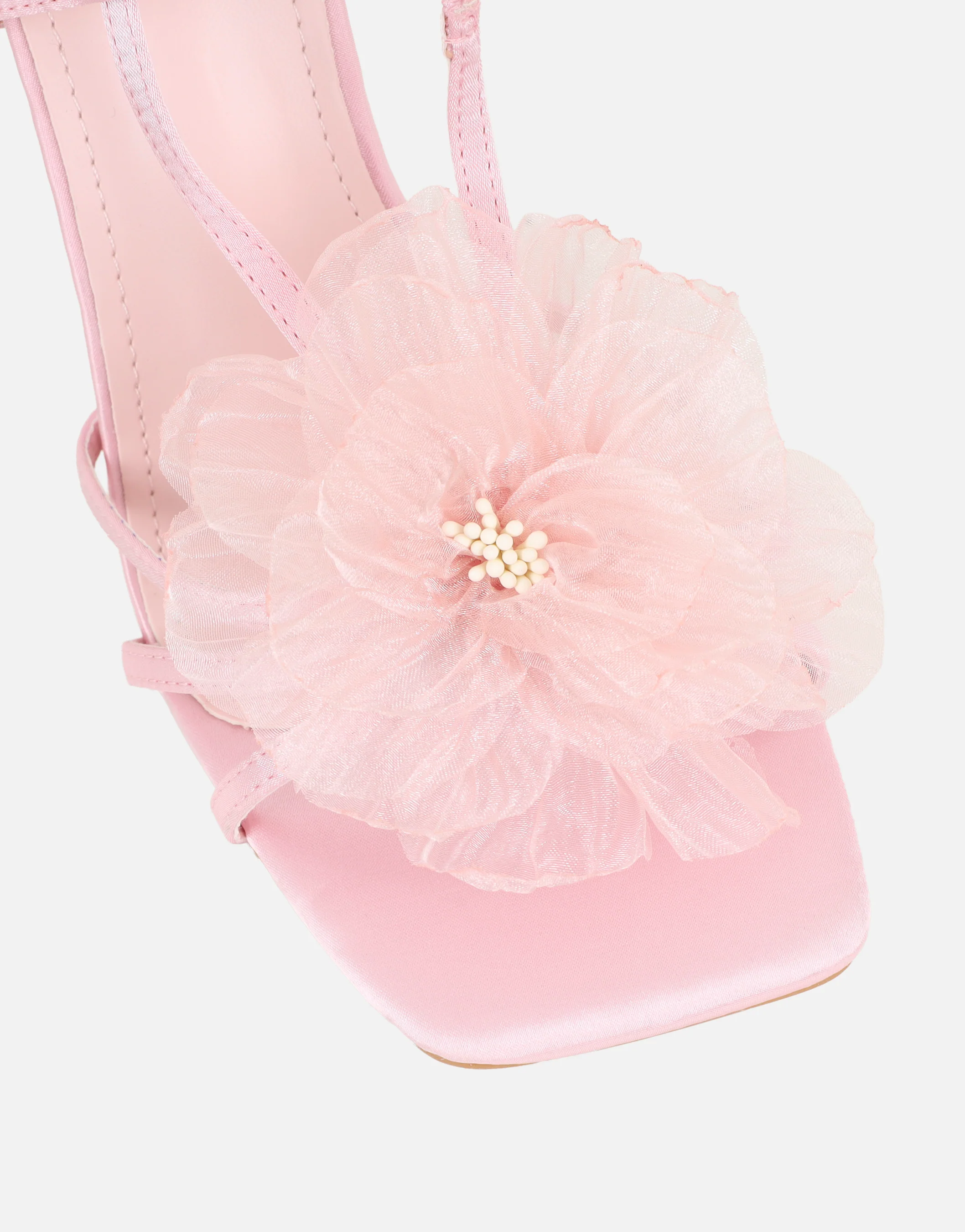 Lulu Pink Satin Mesh Flower Heeled Sandals - Image 4