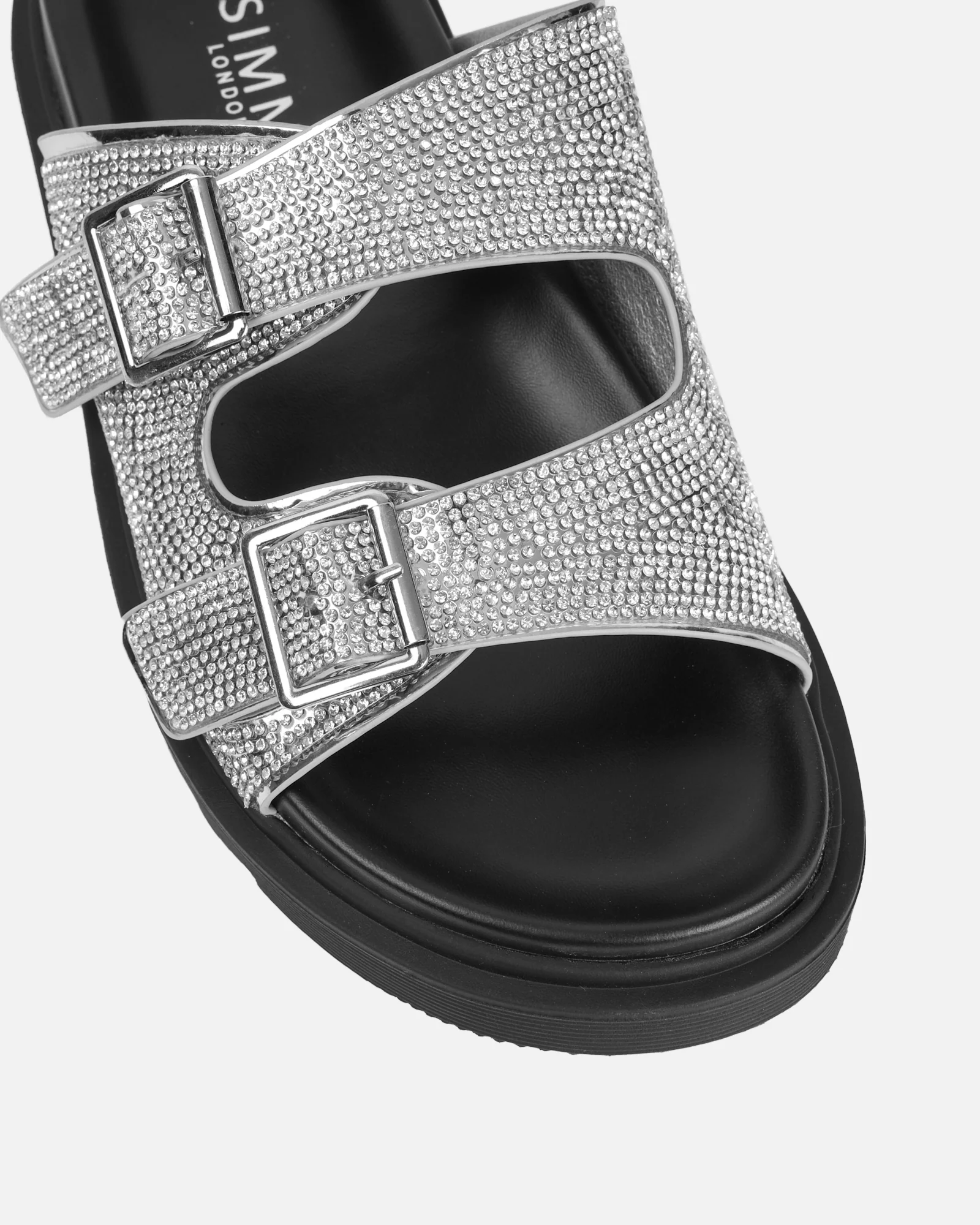 Lynn Silver Diamante Double Strap Slider Sandals - Image 4