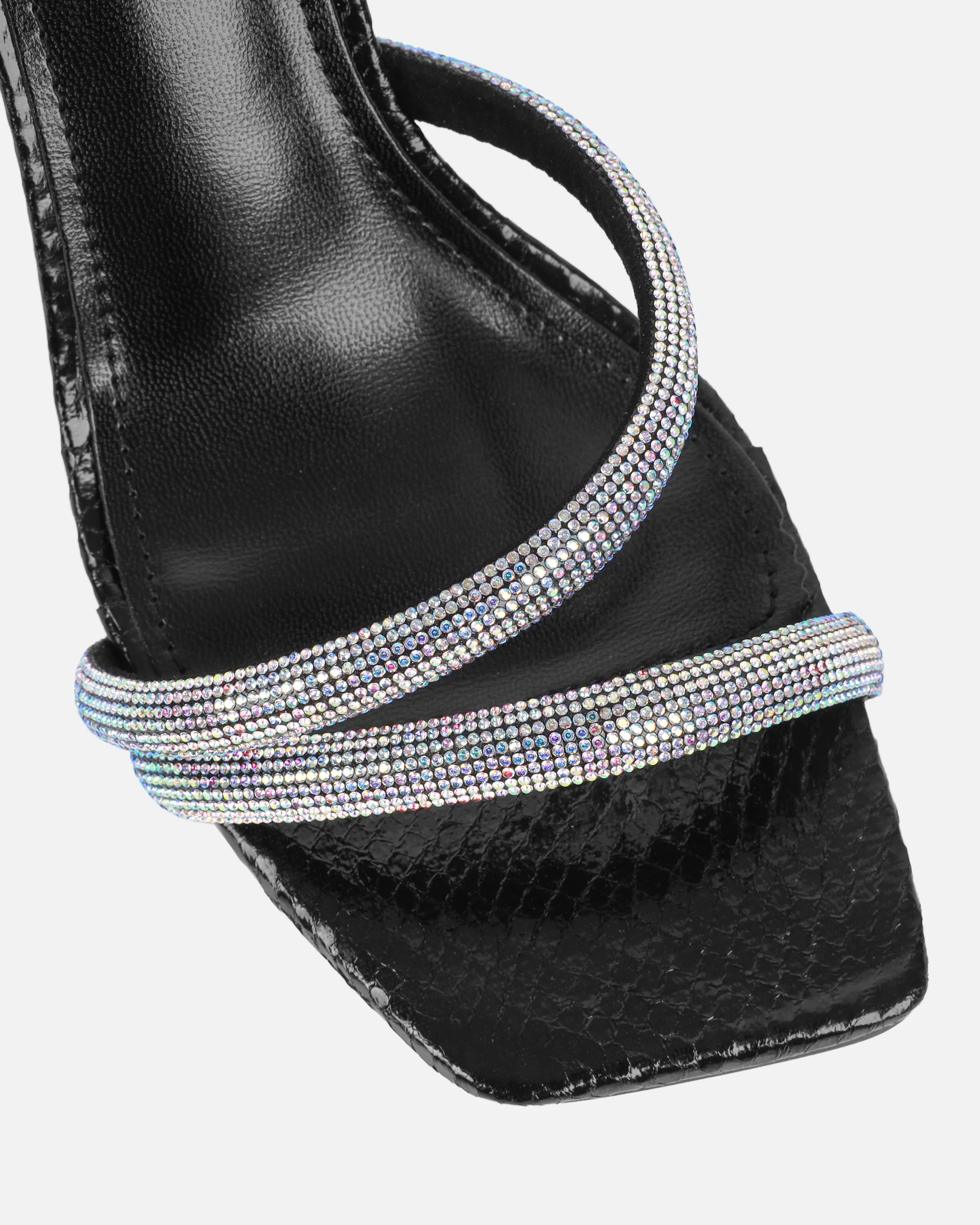Maella Black Faux Snake Diamante Heeled Sandals - Image 4