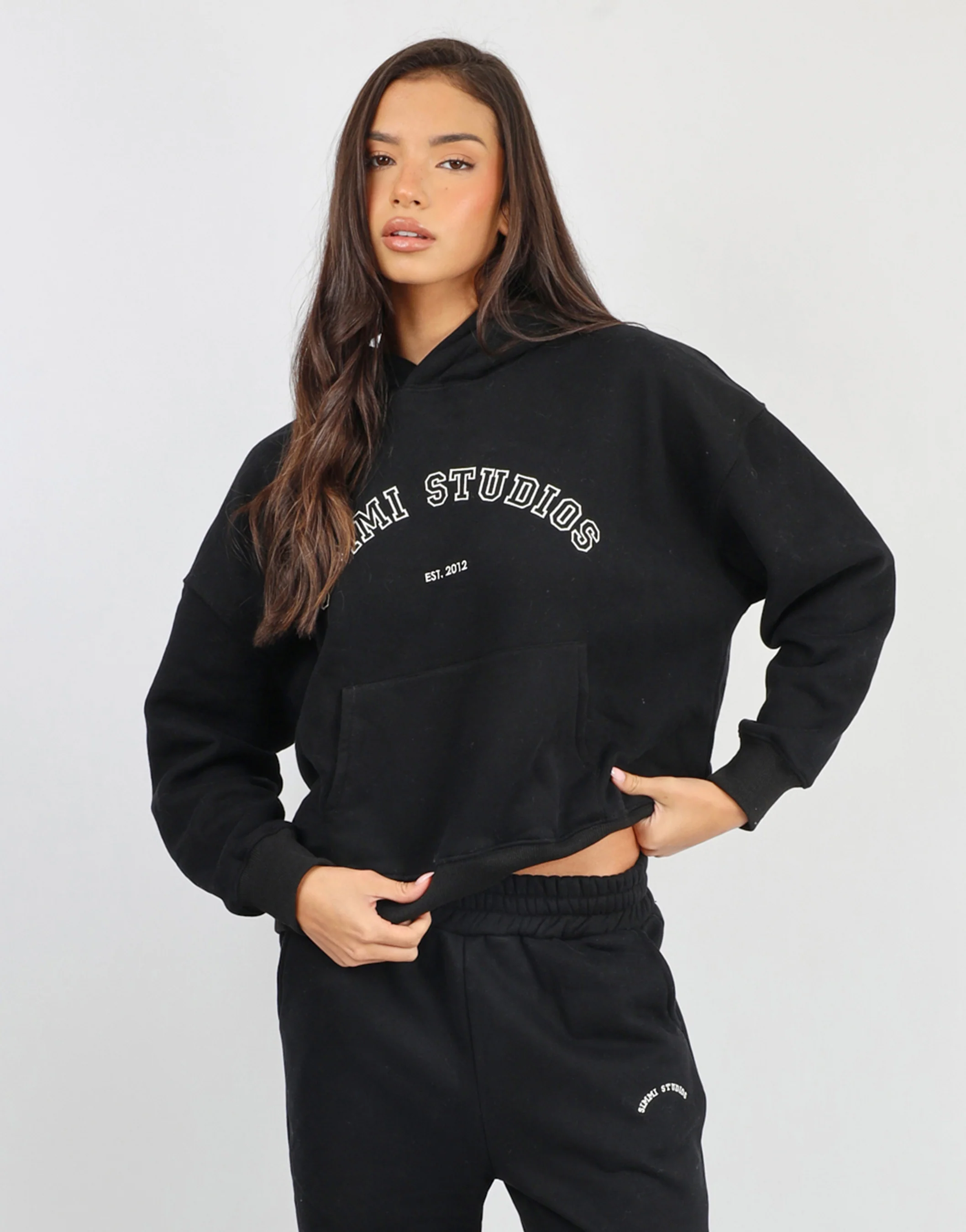 Maeve Simmi Studios Varsity Slogan Hoodie in Black