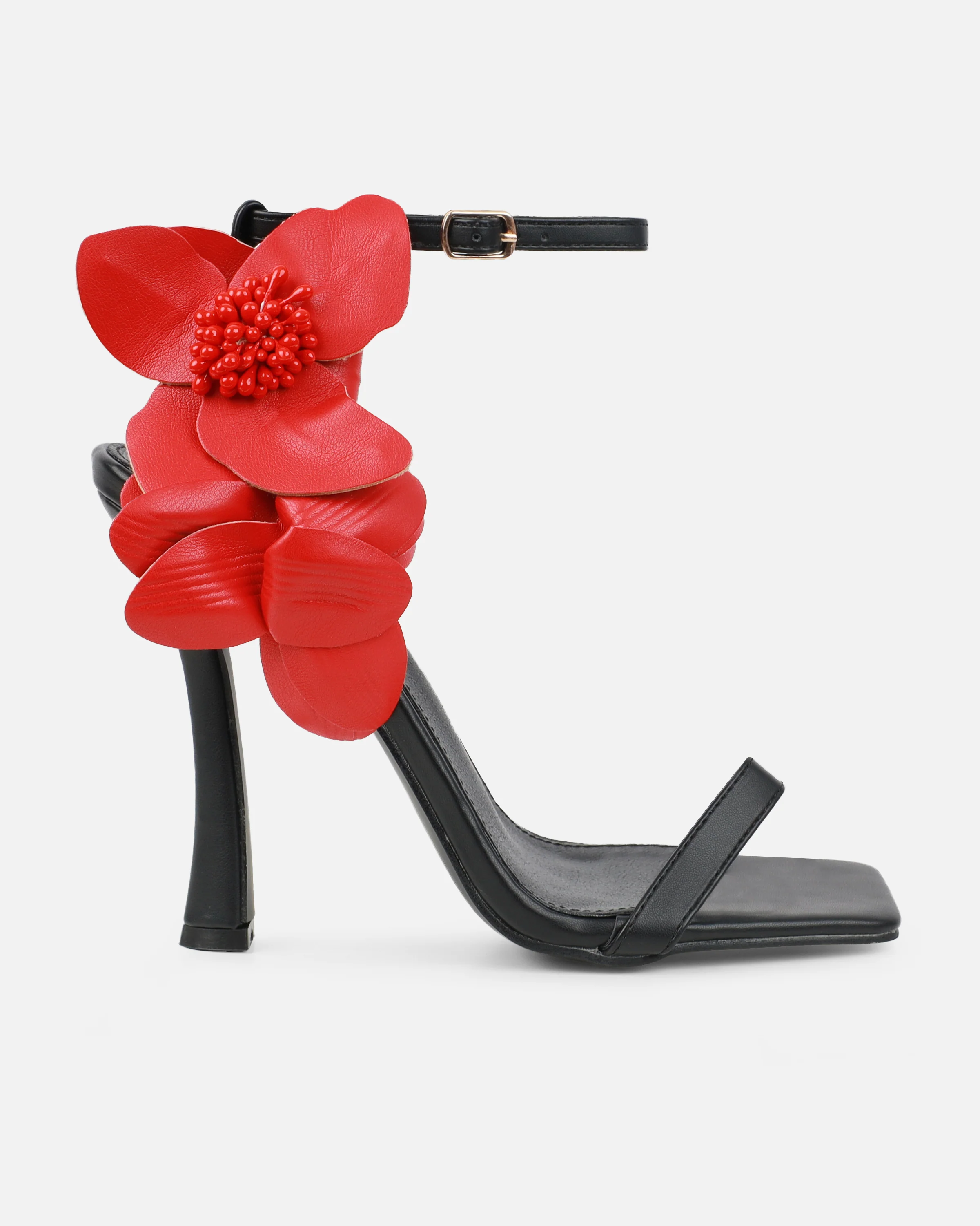 Maldive Black Heeled Sandals With Red Flower - Image 2