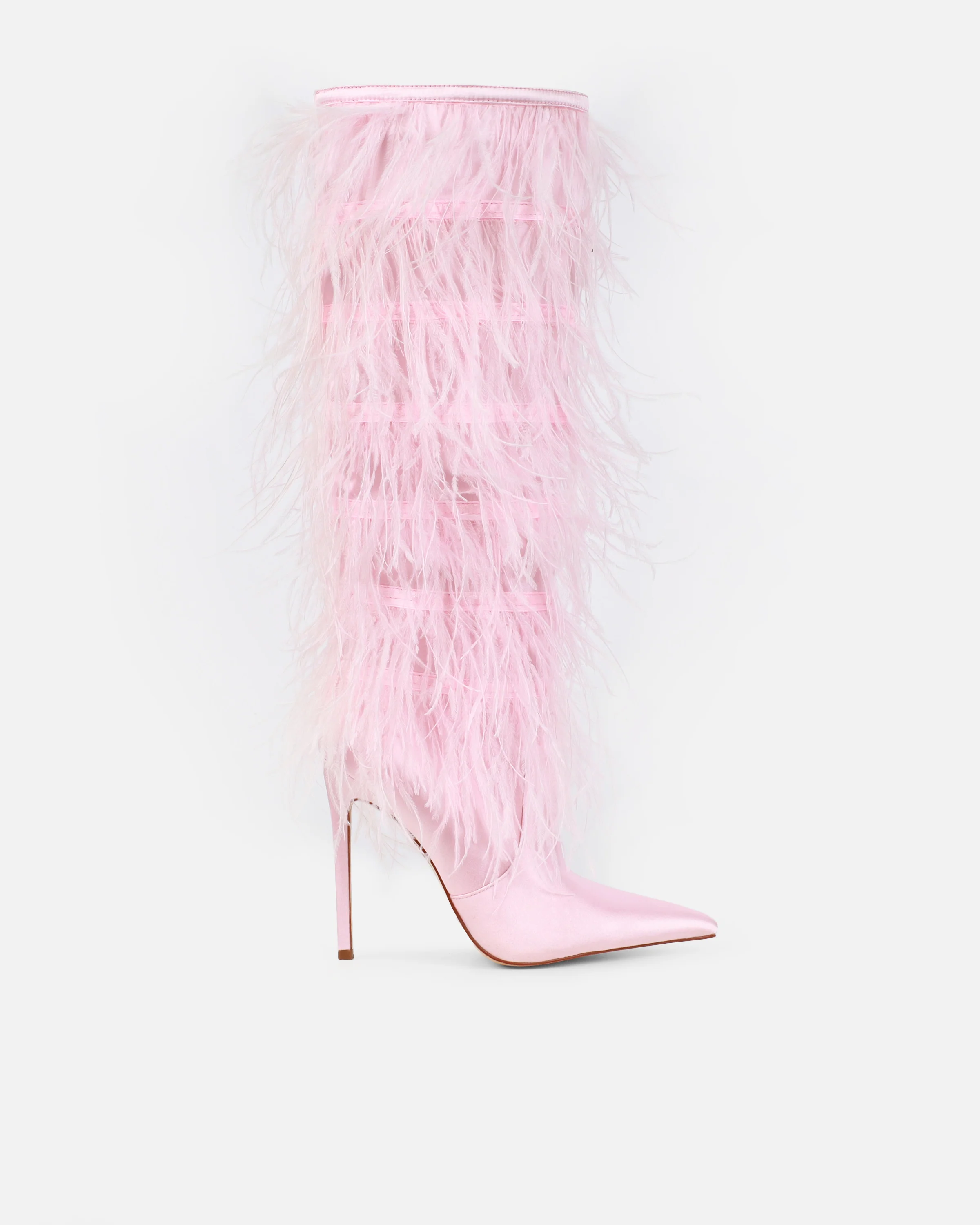 Marcos Pink Satin Fluffy Stiletto Knee High Boots - Image 2