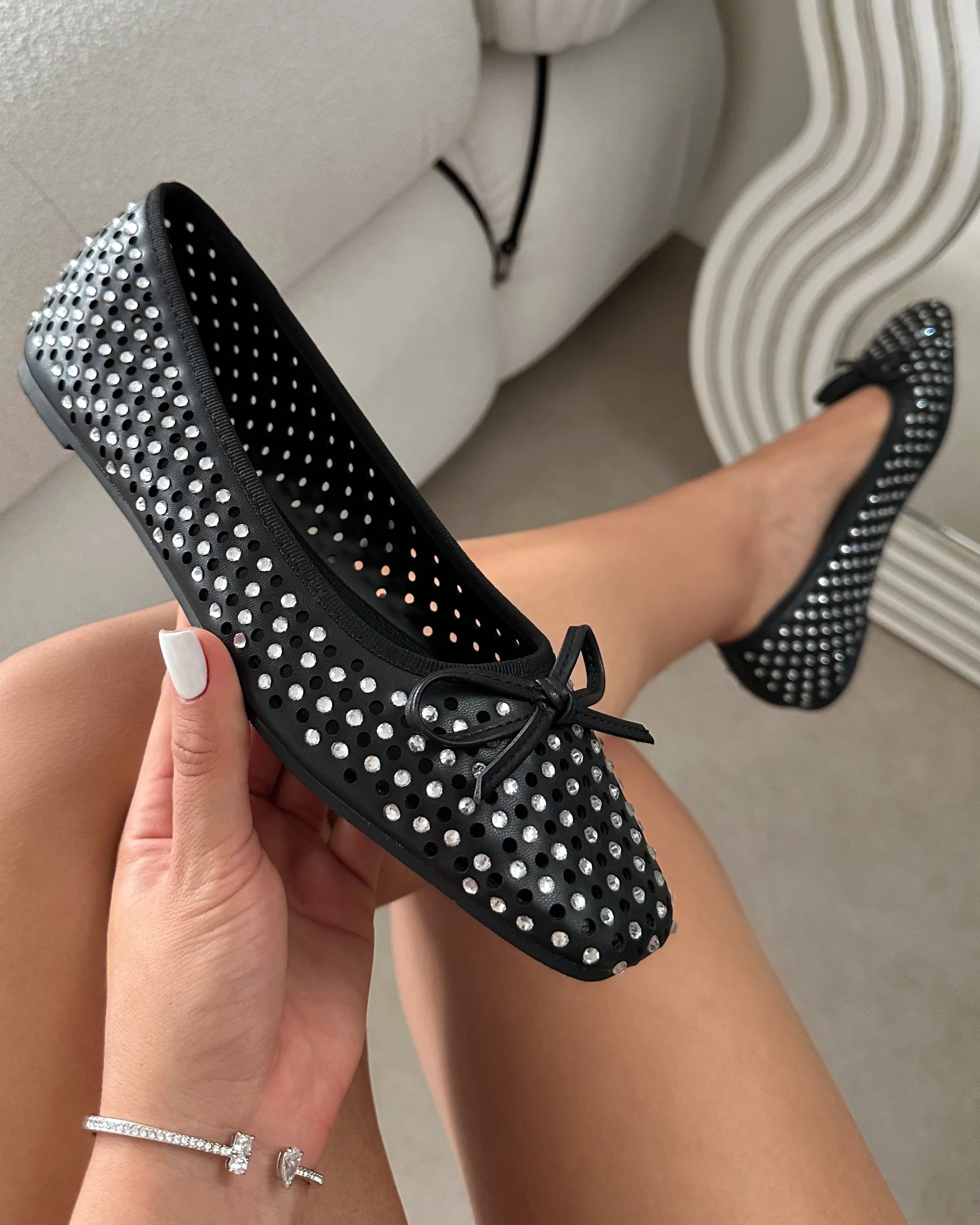 Mariay Black Diamante Ballet Flats