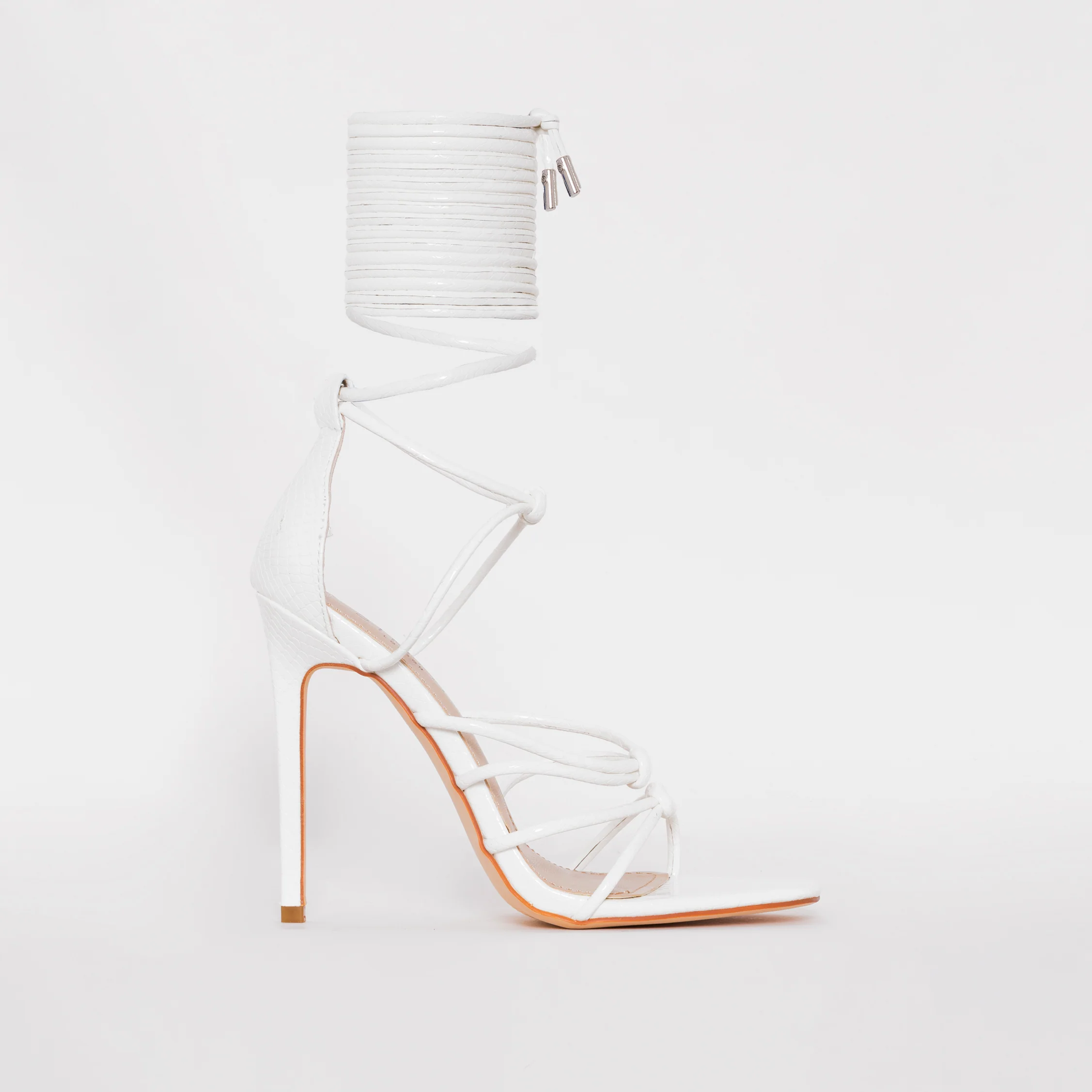 Marissa White Faux Snake Print Lace up Stiletto Heels - Image 2
