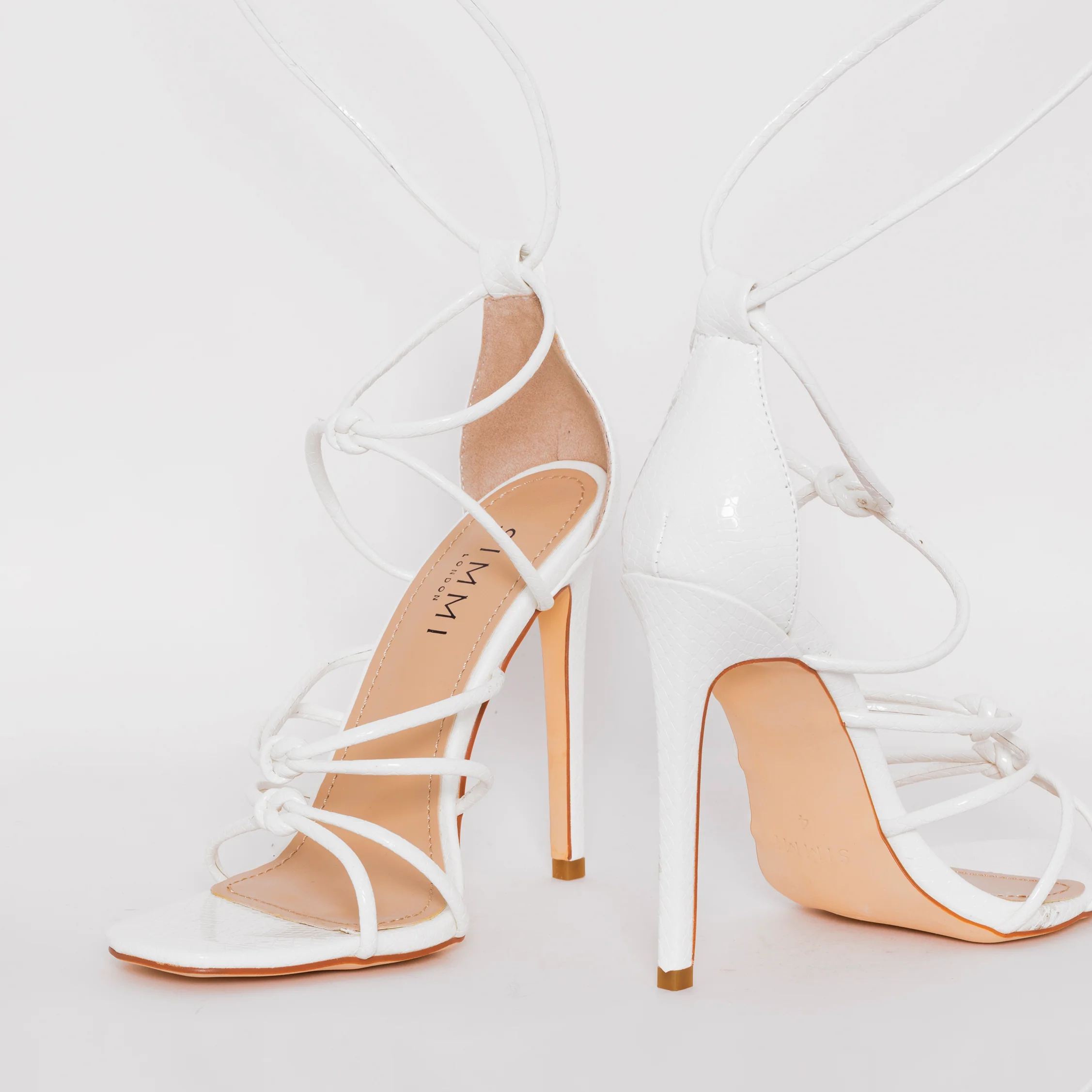 Marissa White Faux Snake Print Lace up Stiletto Heels - Image 5