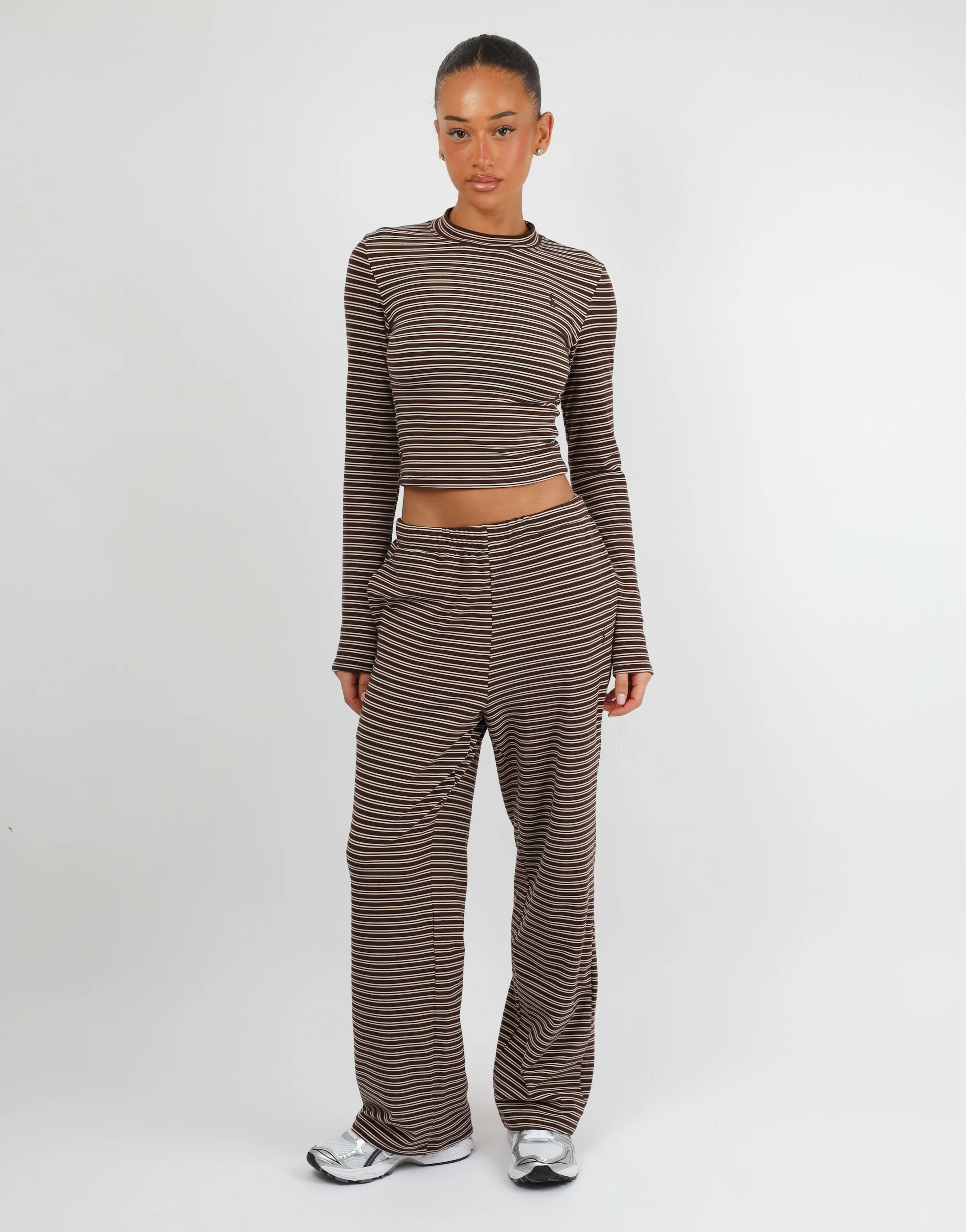 Marlo Super Soft Stripe Long T-Shirt In Brown - Image 2