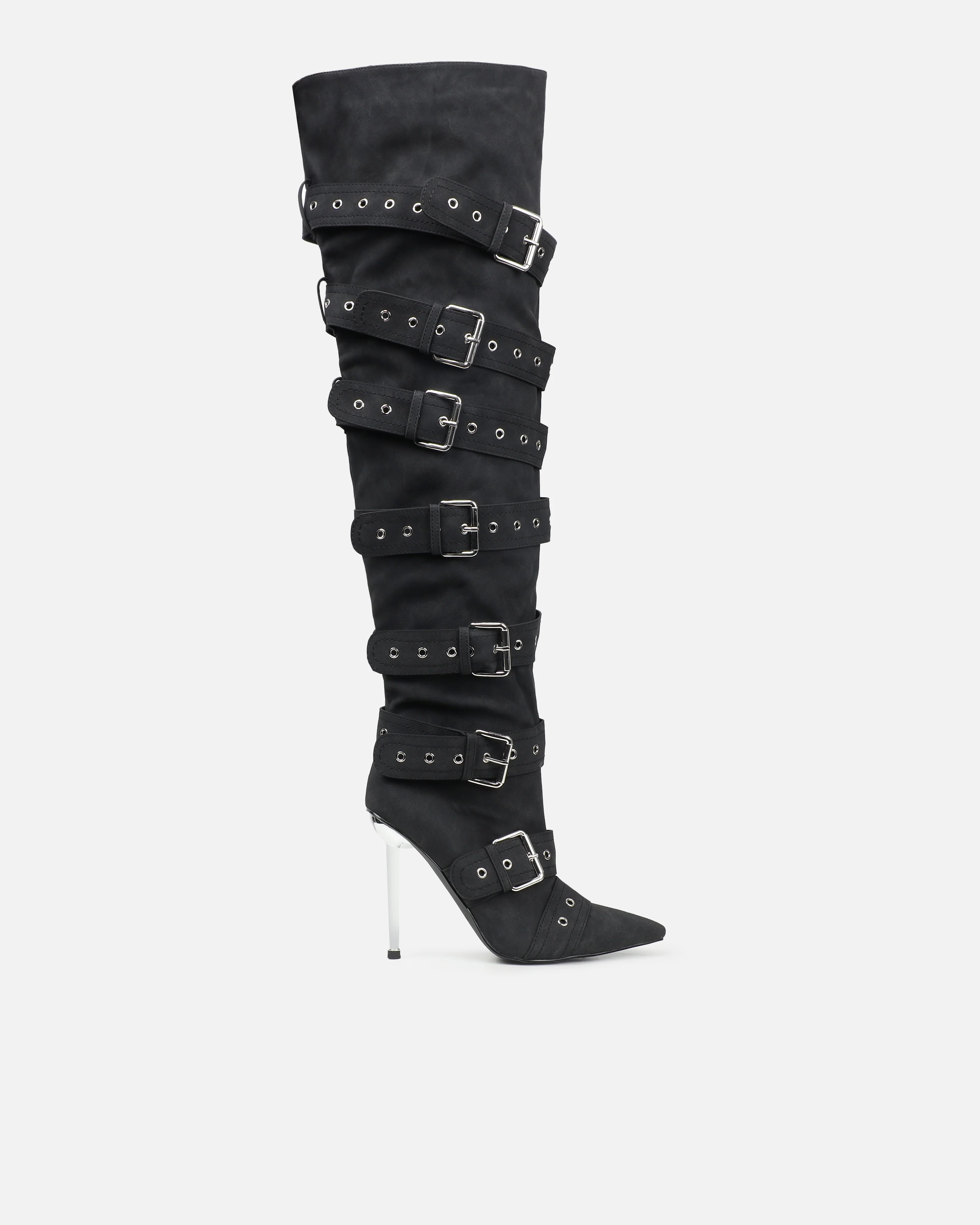 Maxton Black Nubuck Multi Buckle Thigh High Boots - Image 2