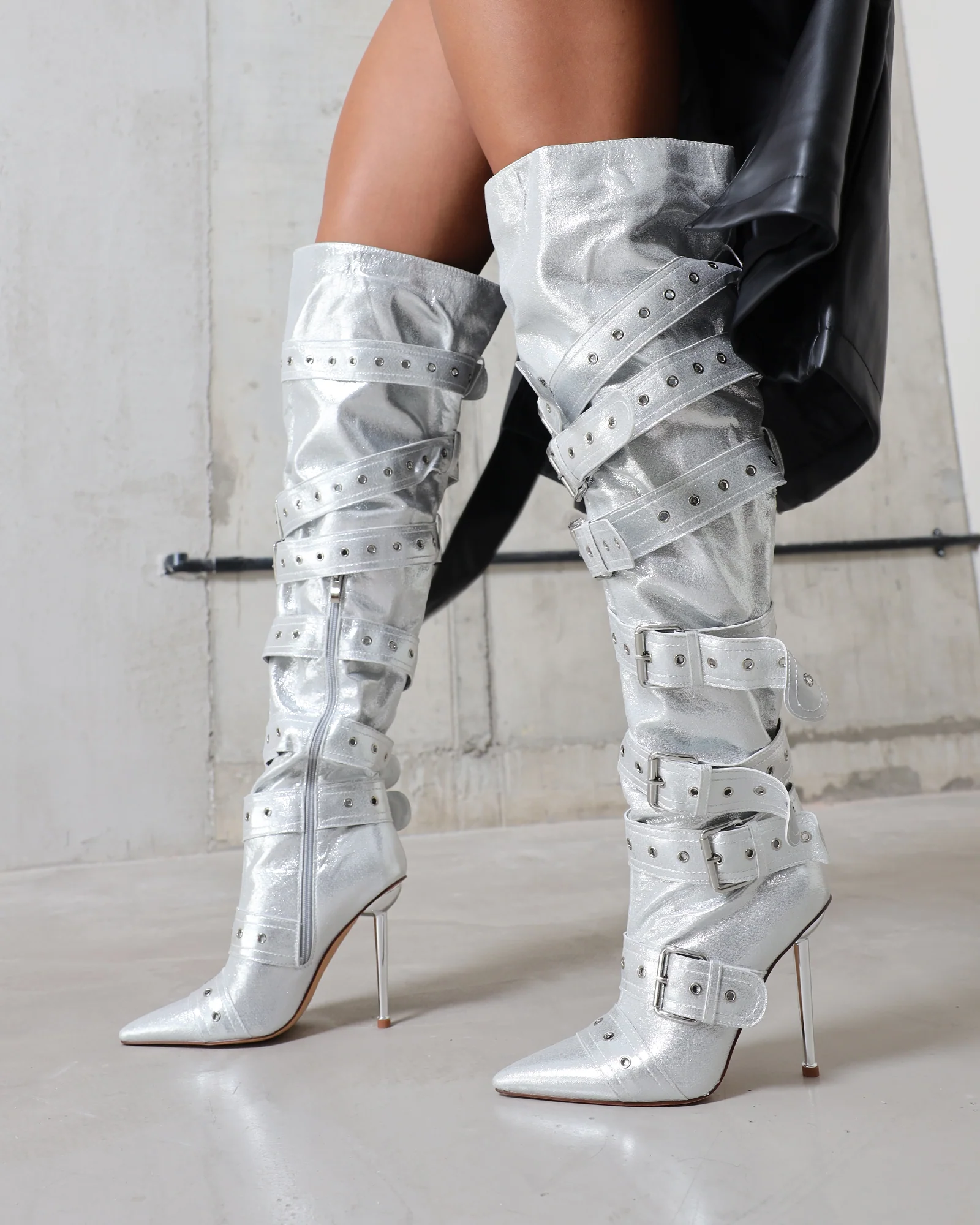 Maxton Silver Denim Multi Buckle Thigh High Boots - Image 2