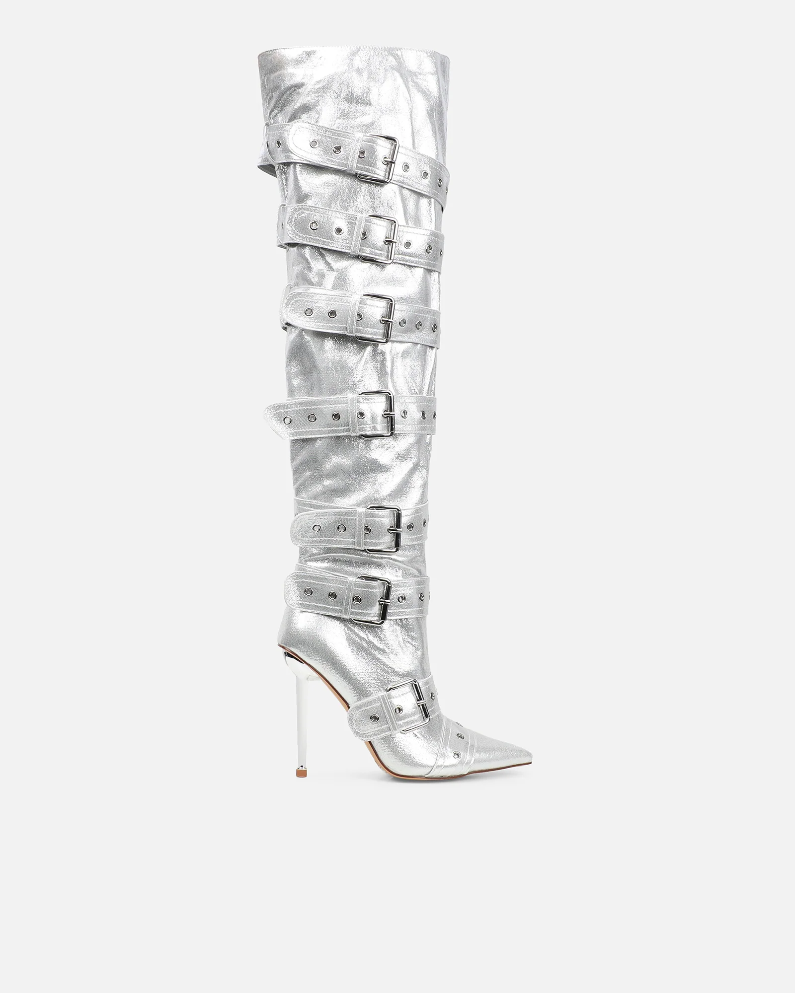 Maxton Silver Denim Multi Buckle Thigh High Boots - Image 3