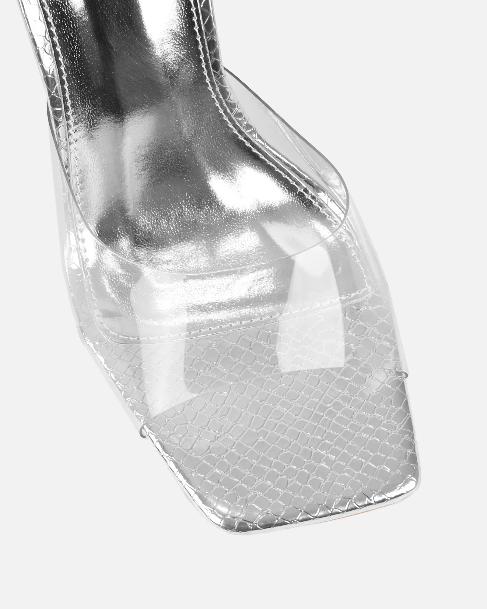 Maylee Clear Silver Faux Snake Metallic Mules - Image 4