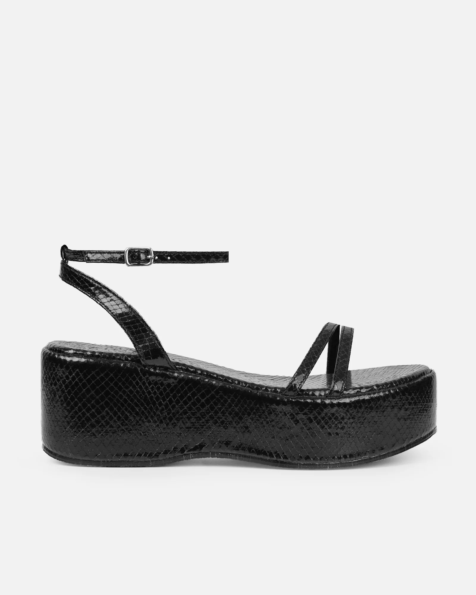 Mazey Black Snake Effect Flatform Sandals - Image 2