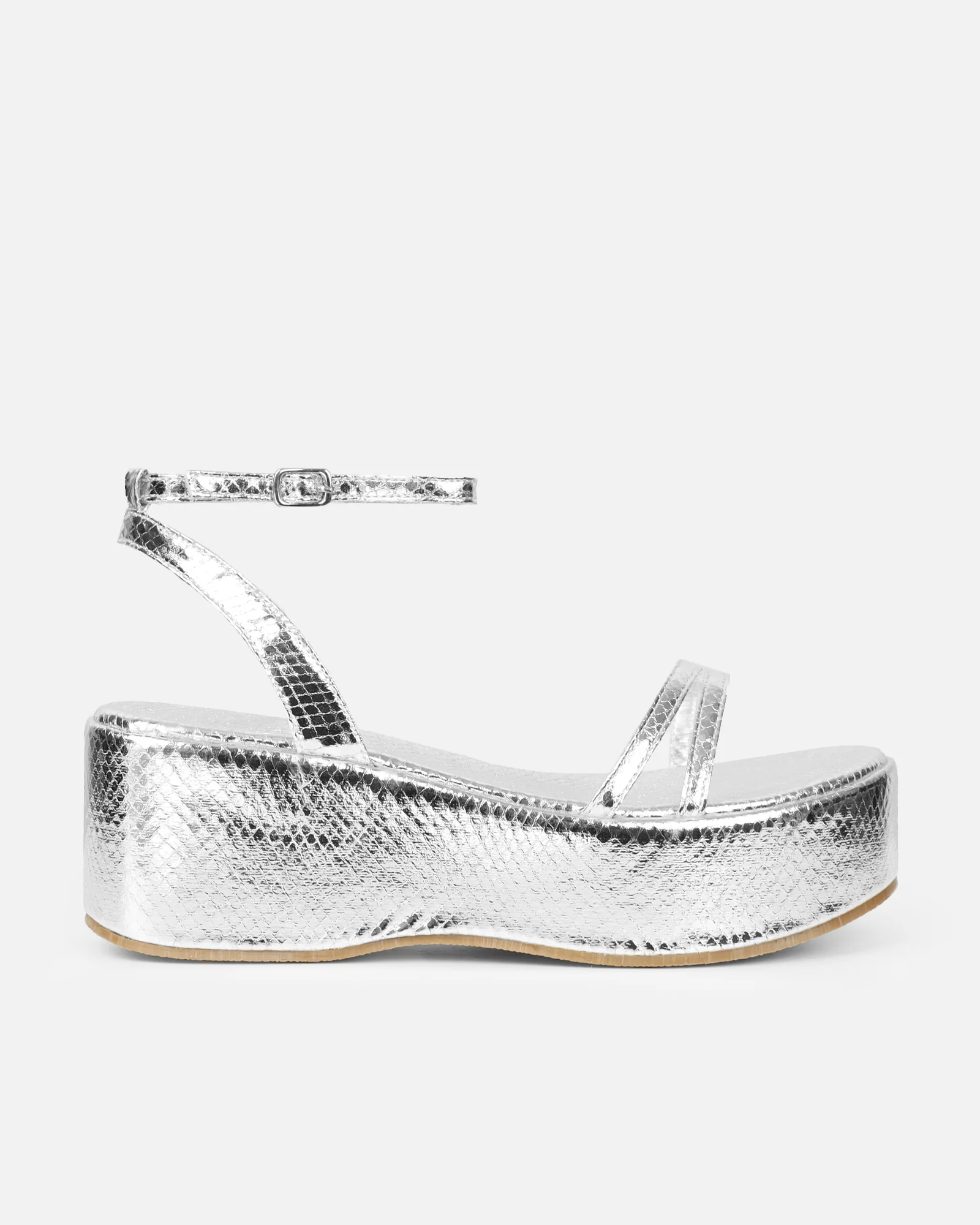 Mazey Silver Snake Effect Flatform Sandals - Image 2