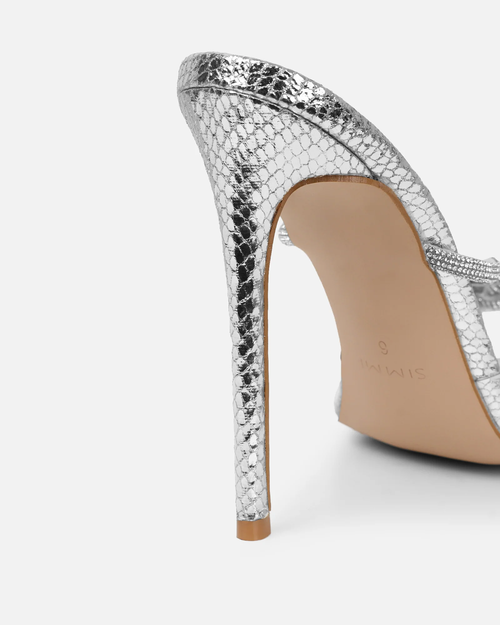 Meriel Silver Snake Effect Stiletto Mules - Image 4
