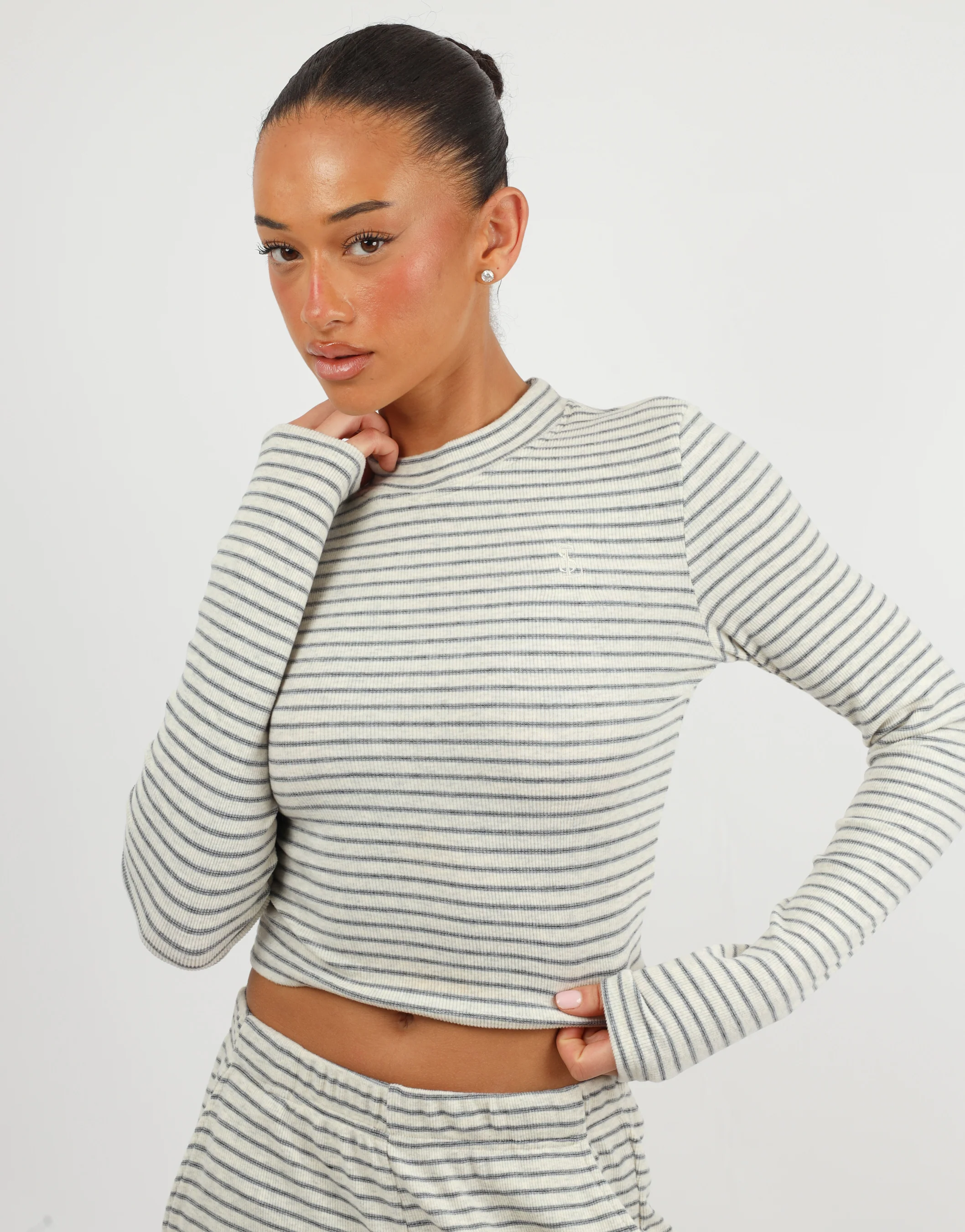 Monique Simmi Studios Soft Stripe Fine Ribbed Long Sleeve Top In Cream - Image 2