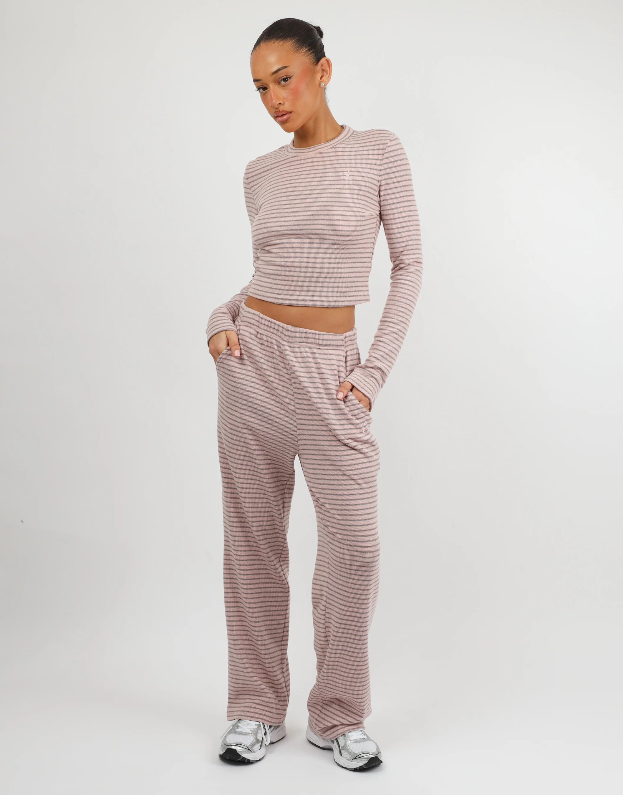 Monique Simmi Studios Soft Stripe Fine Ribbed Long Sleeve Top In Pink - Image 3
