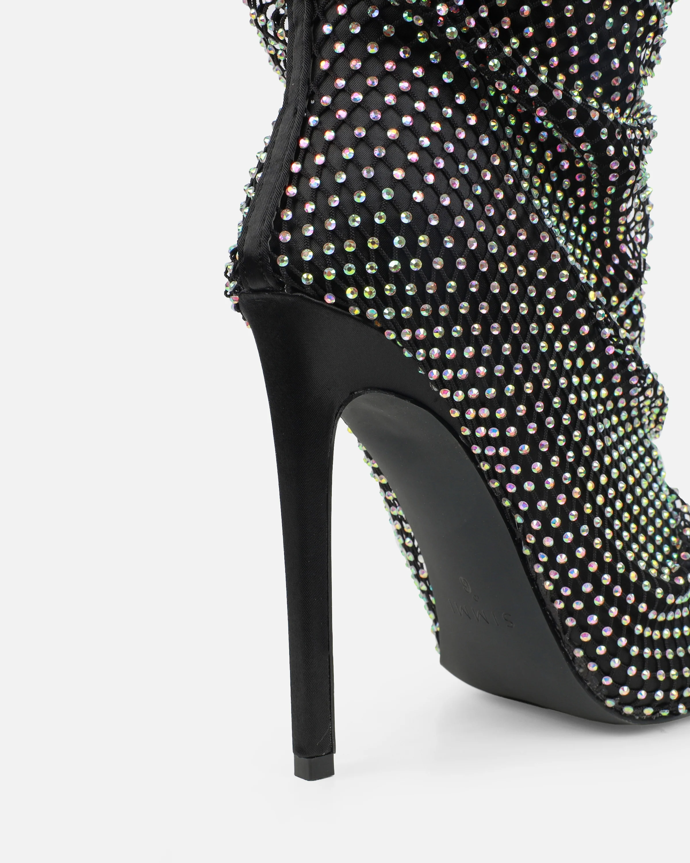 Murphy Black Satin Diamante Fishnet Knee High Boots - Image 3