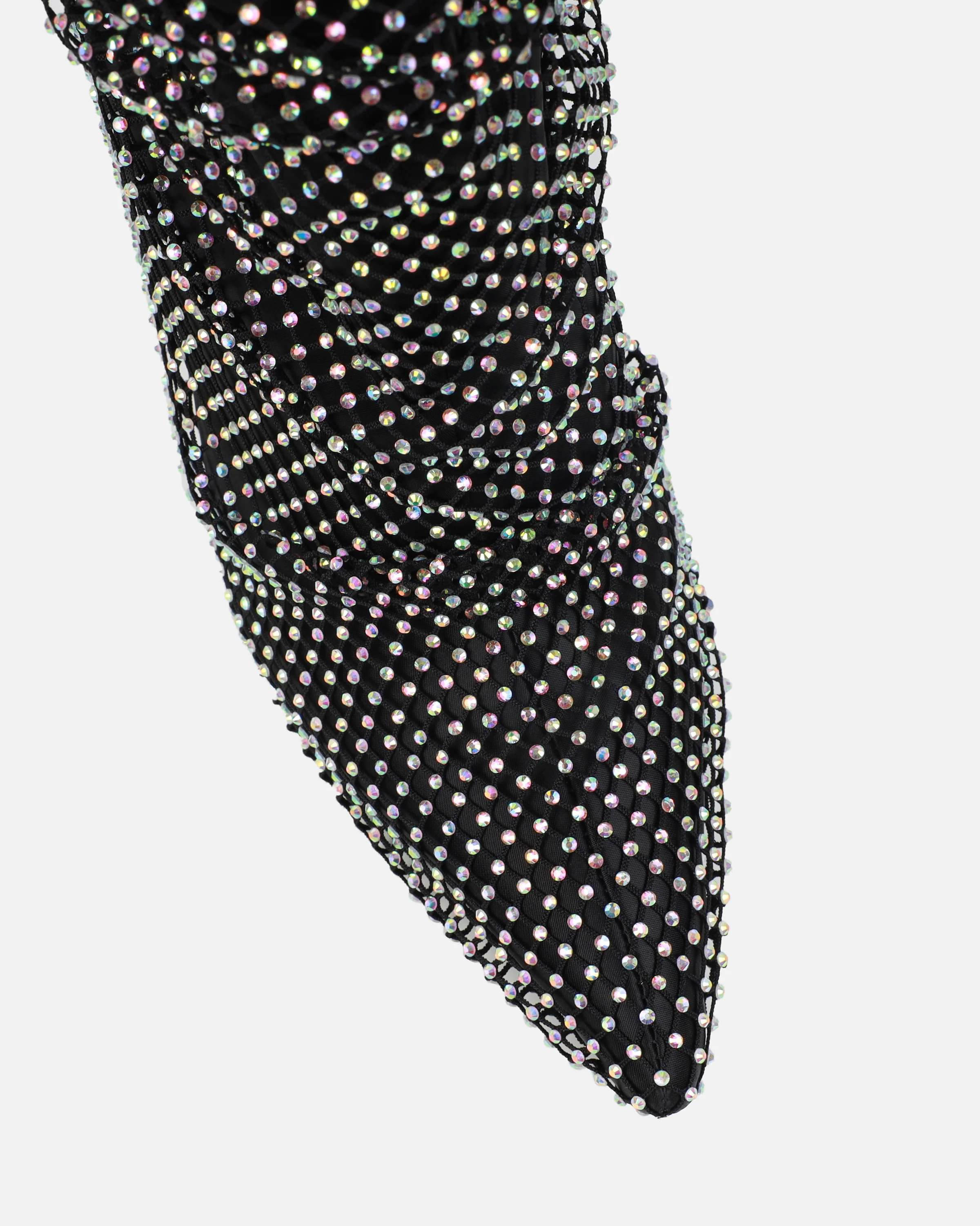 Murphy Black Satin Diamante Fishnet Knee High Boots - Image 4