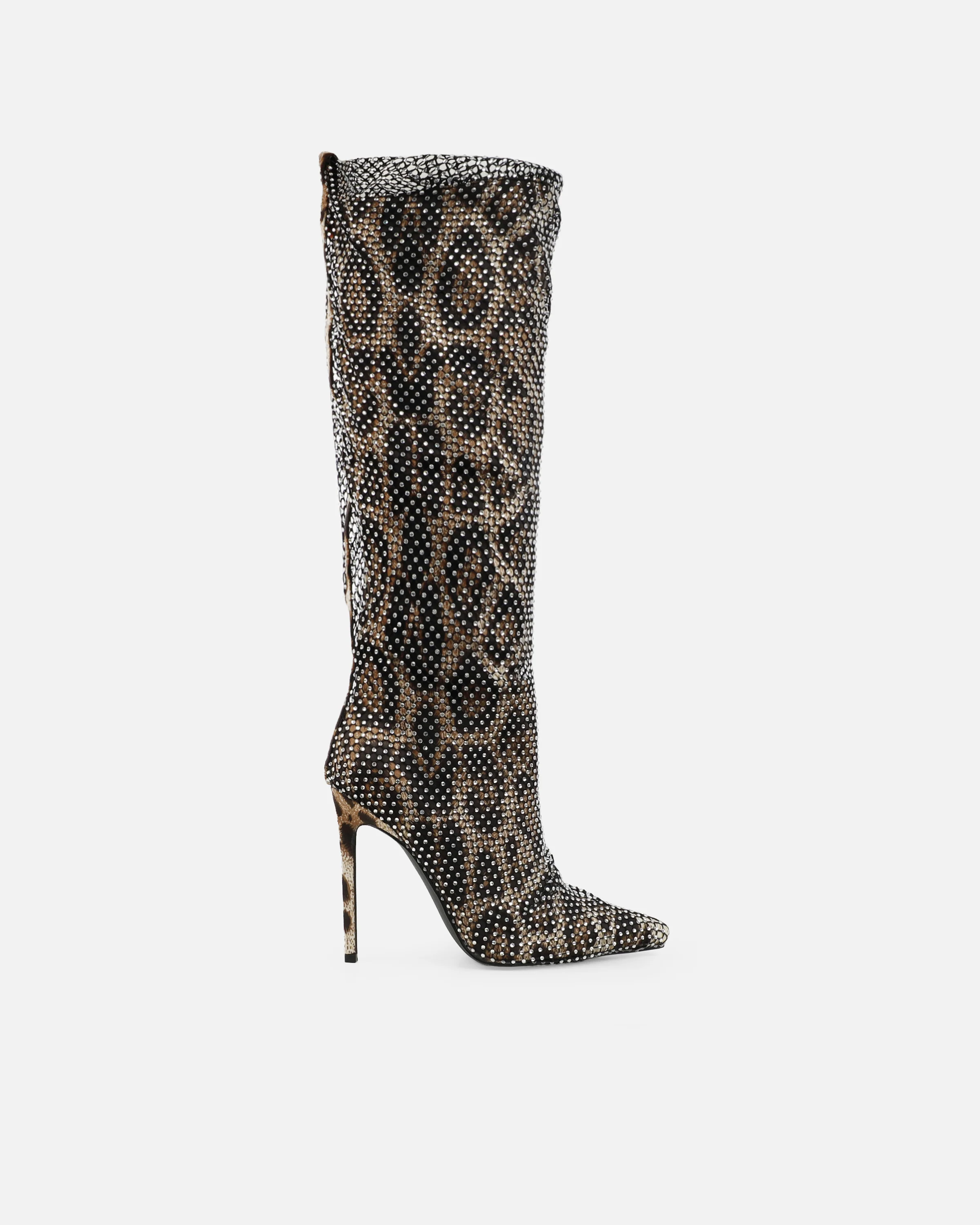 Murphy Faux Leopard Print Satin Diamante Fishnet Knee High Boots - Image 2