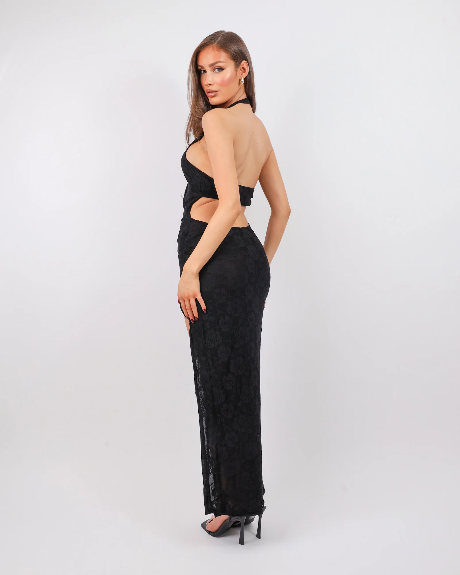 Noir Black Lace Thigh Split Maxi Dress - Image 2