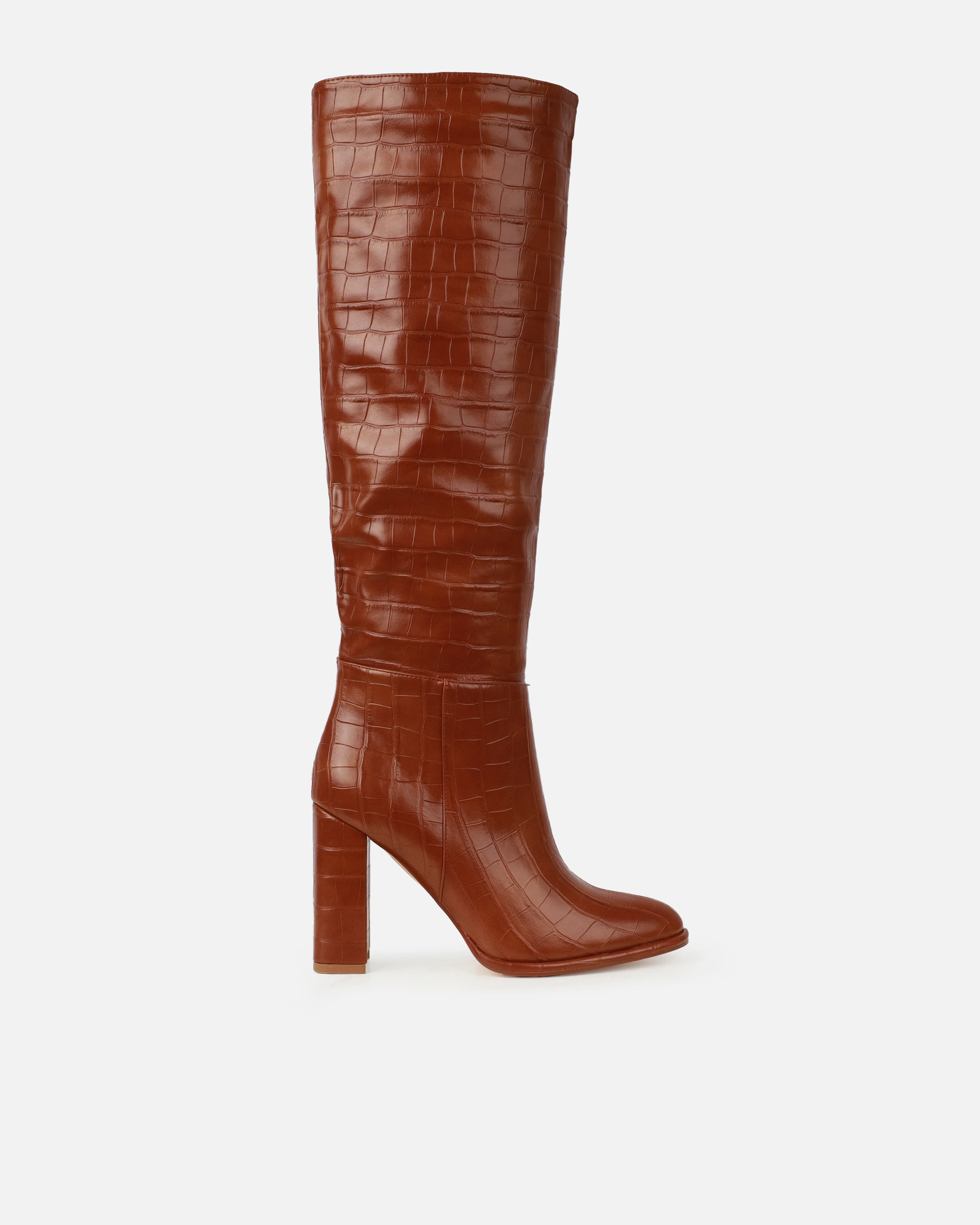 Oakley Tan Faux Croc Block Heel Knee High Boots - Image 2