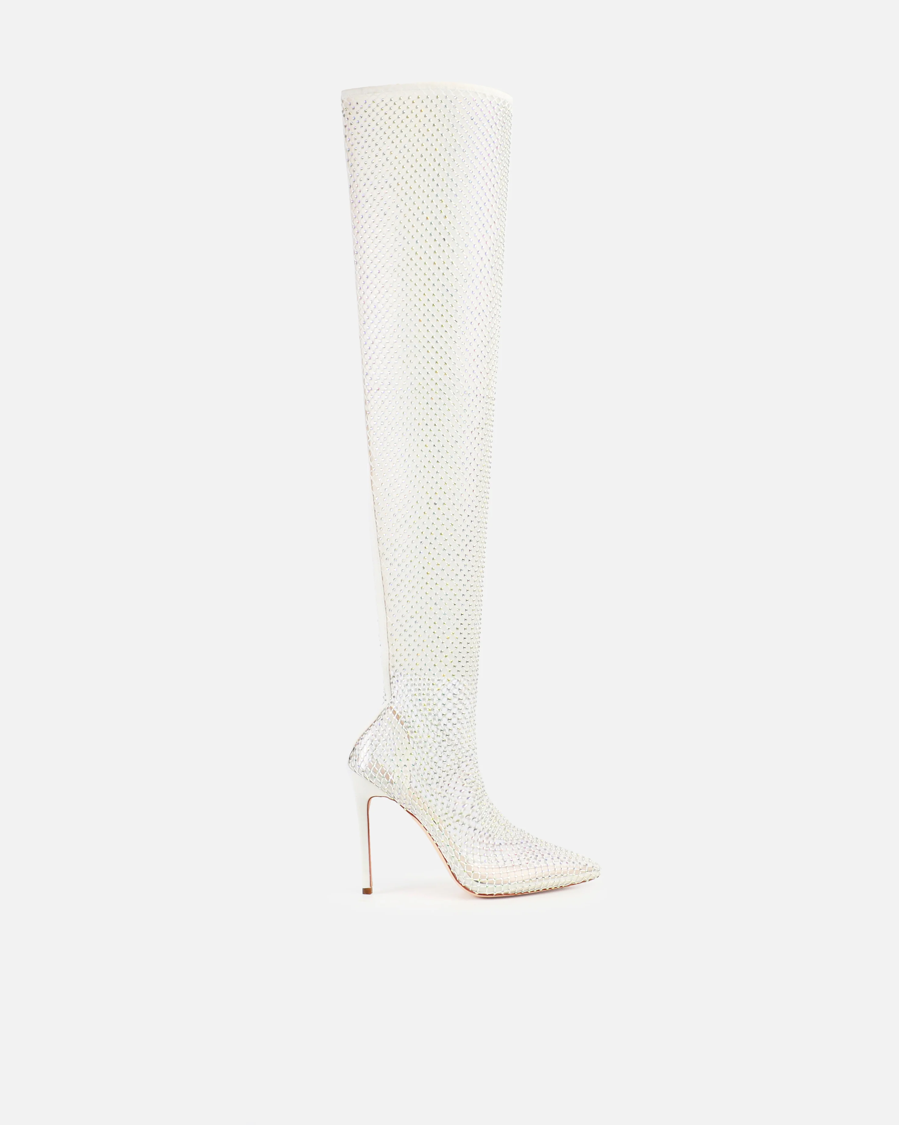 Onika White Diamante Fishnet Thigh High Heels - Image 2