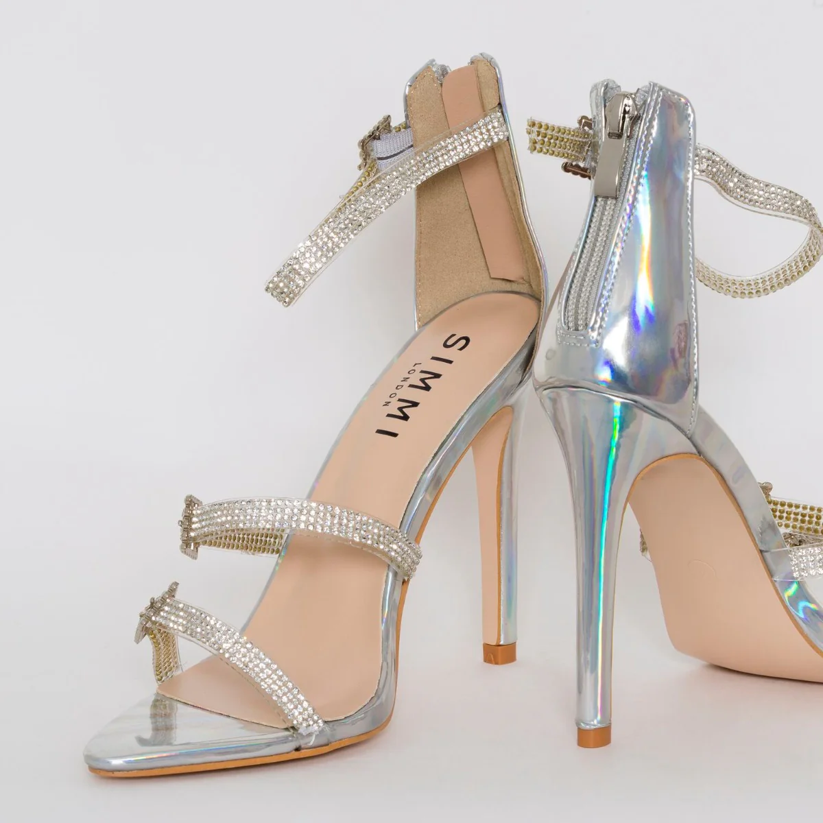 Ophelia Silver Iridescent Diamante Buckle Strappy Heels - Image 3