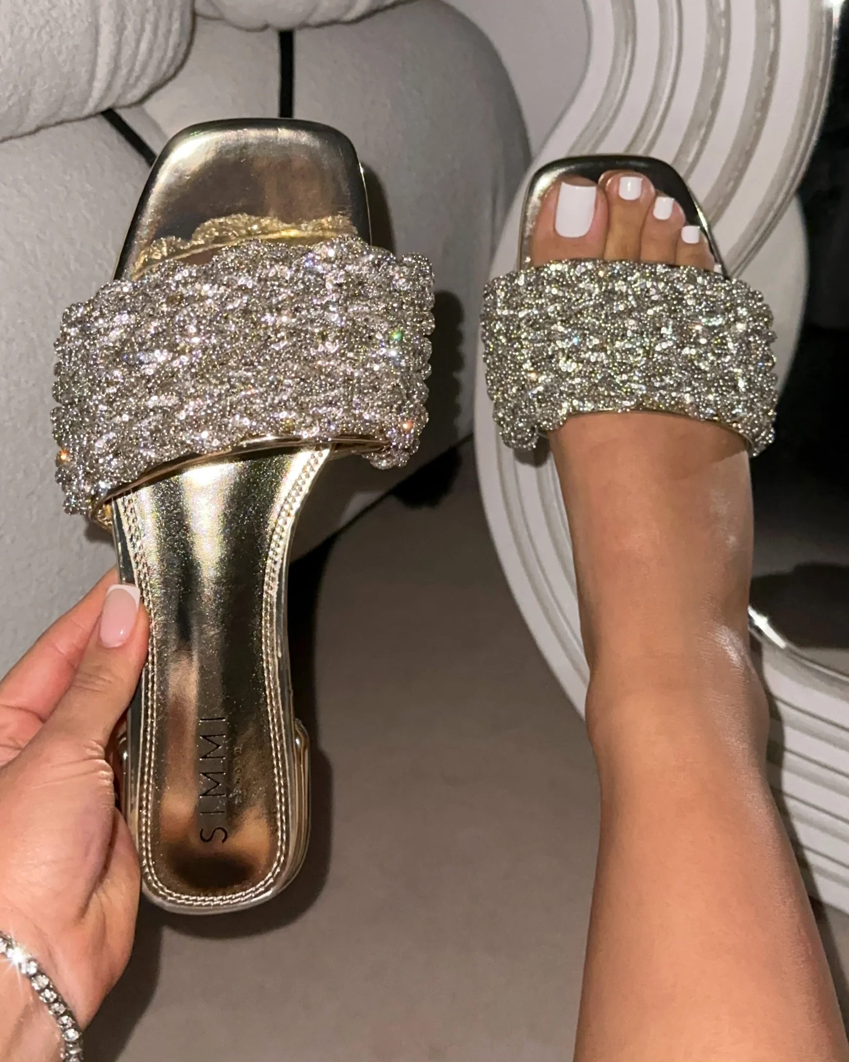 Pariss Gold Mirror Diamante Sliders