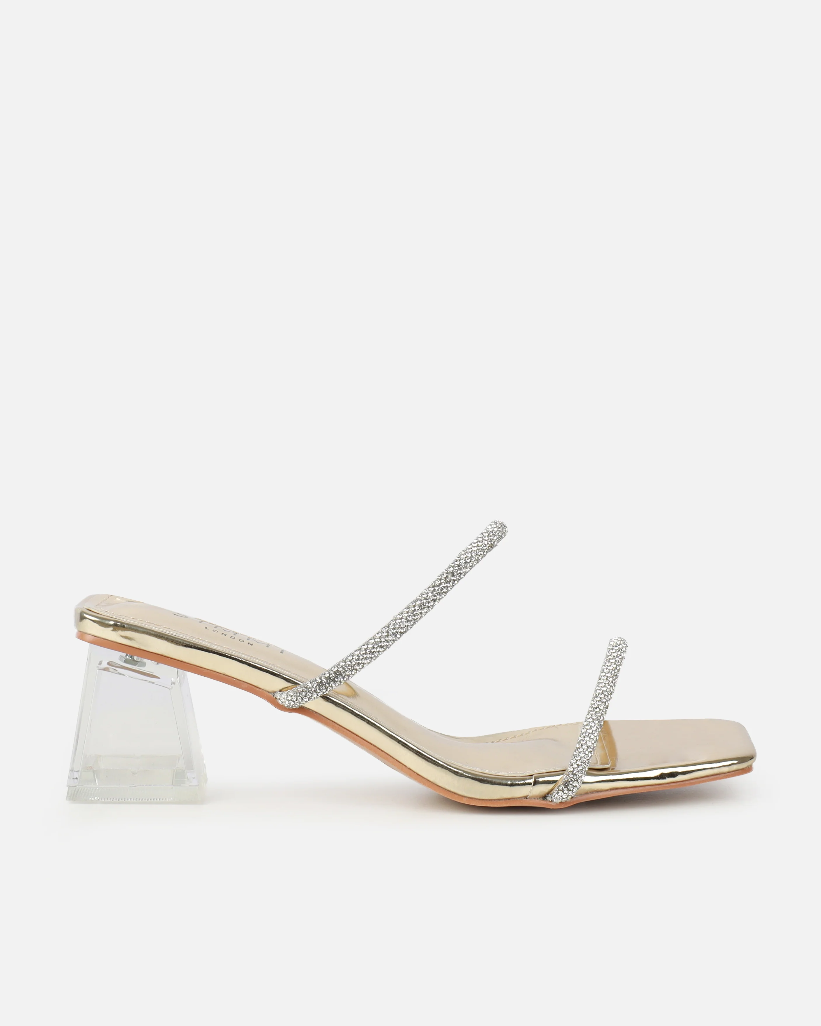 Paytoni Gold Mirror Clear Block Heel Diamante Mules - Image 2