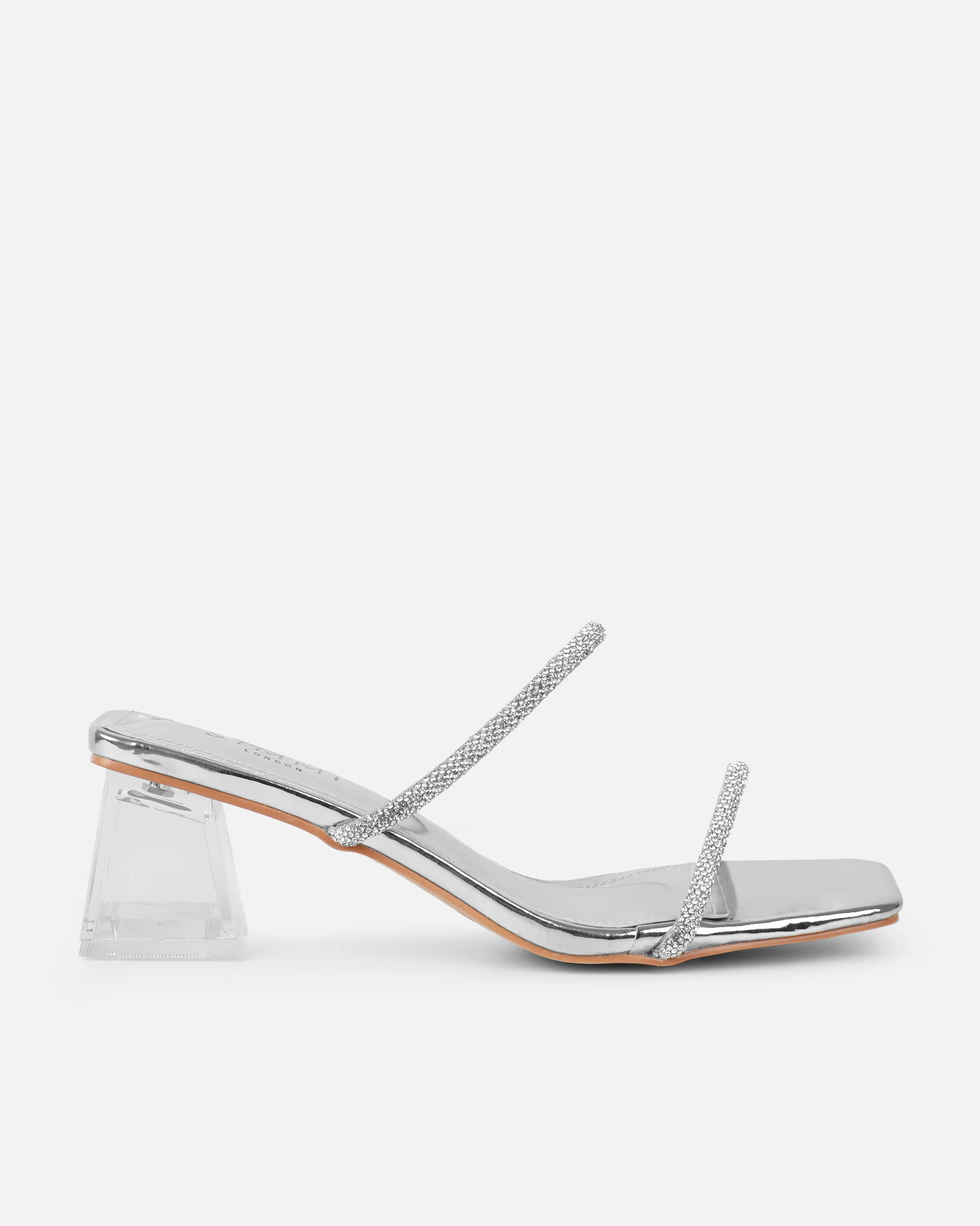 Paytoni Silver Mirror Clear Block Heel Diamante Mules - Image 2
