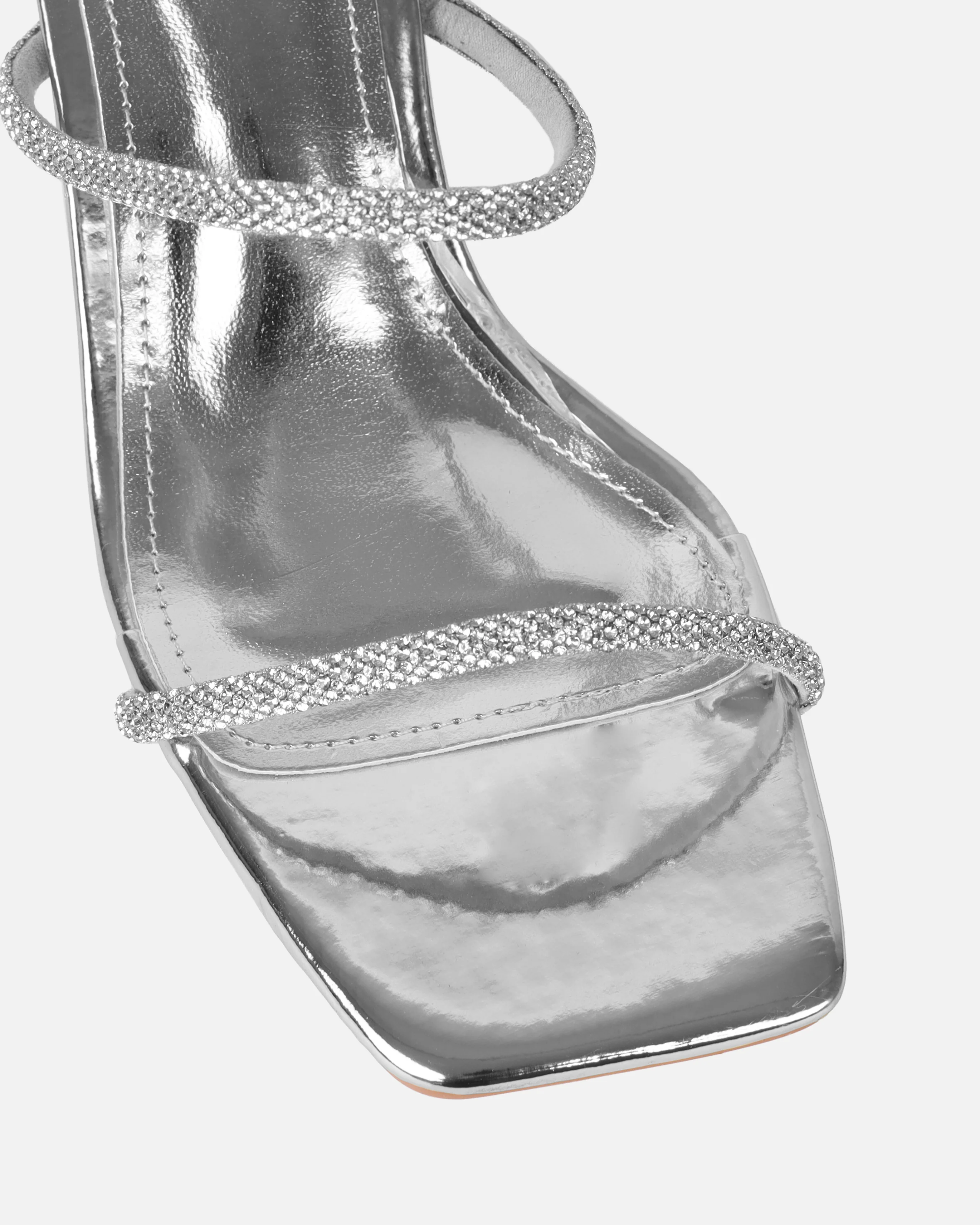 Paytoni Silver Mirror Clear Block Heel Diamante Mules - Image 4
