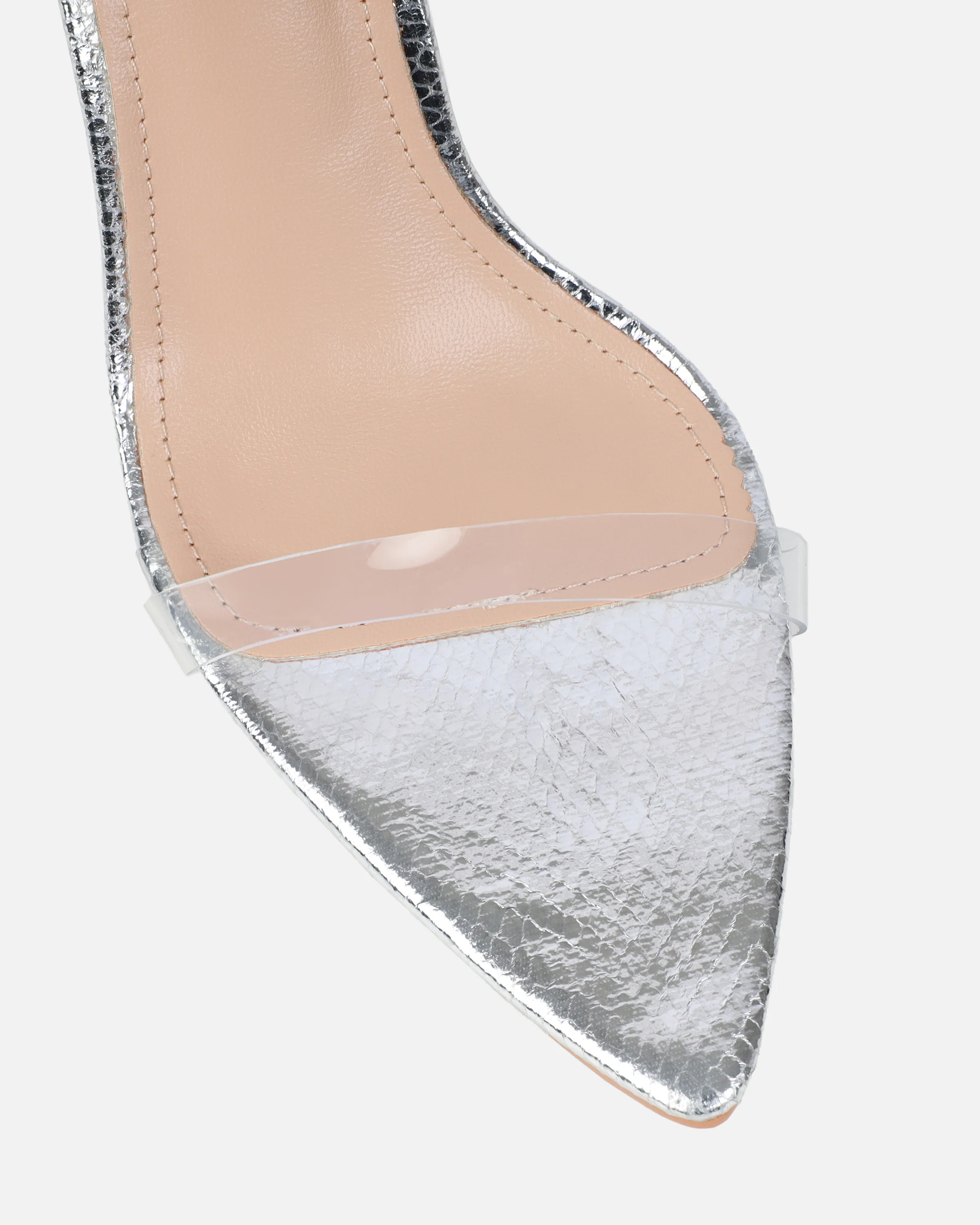 Perla Clear Silver Faux Snake Strappy Stiletto Heels - Image 4