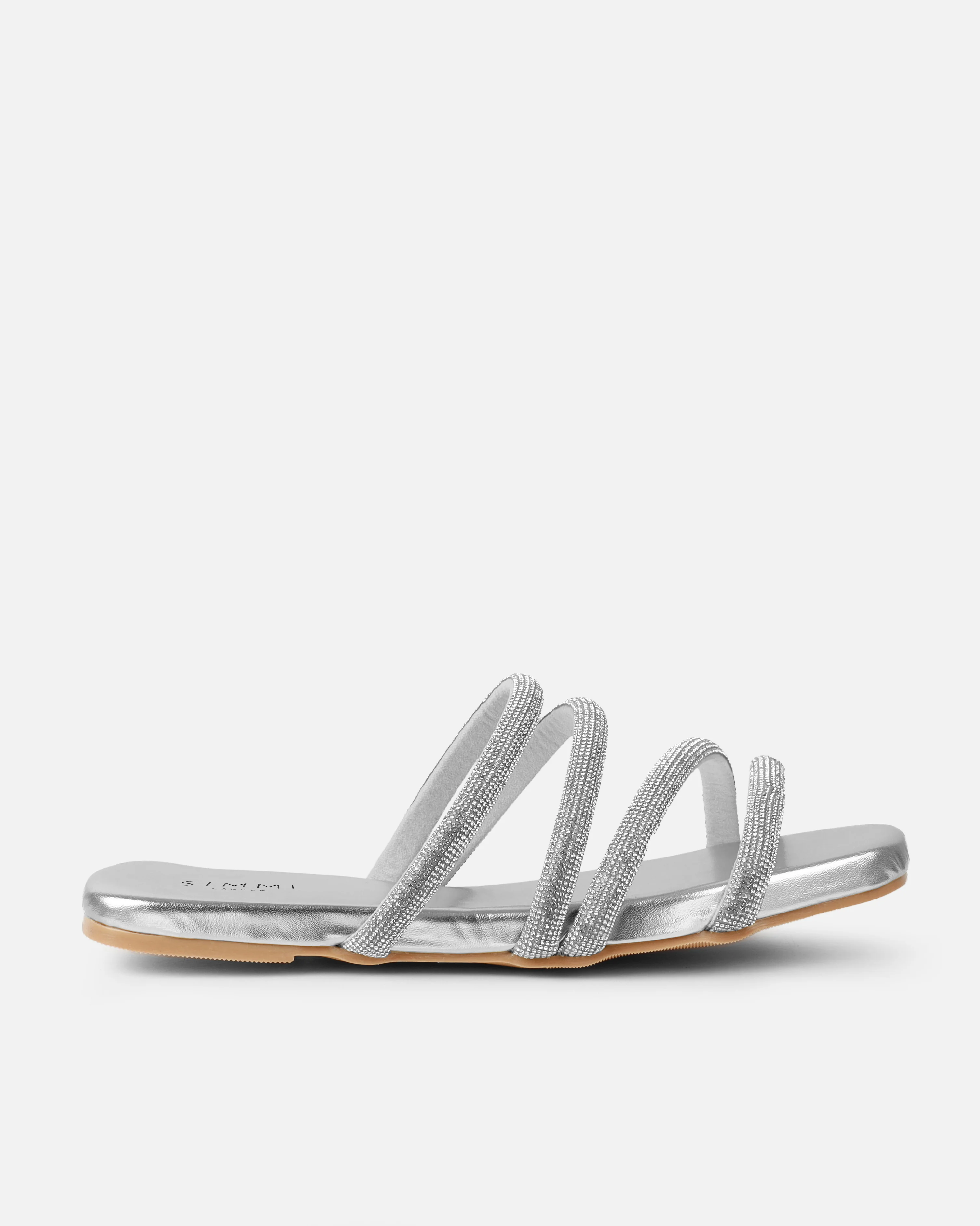 Pettle Silver Diamante Strappy Flat Sandals - Image 2