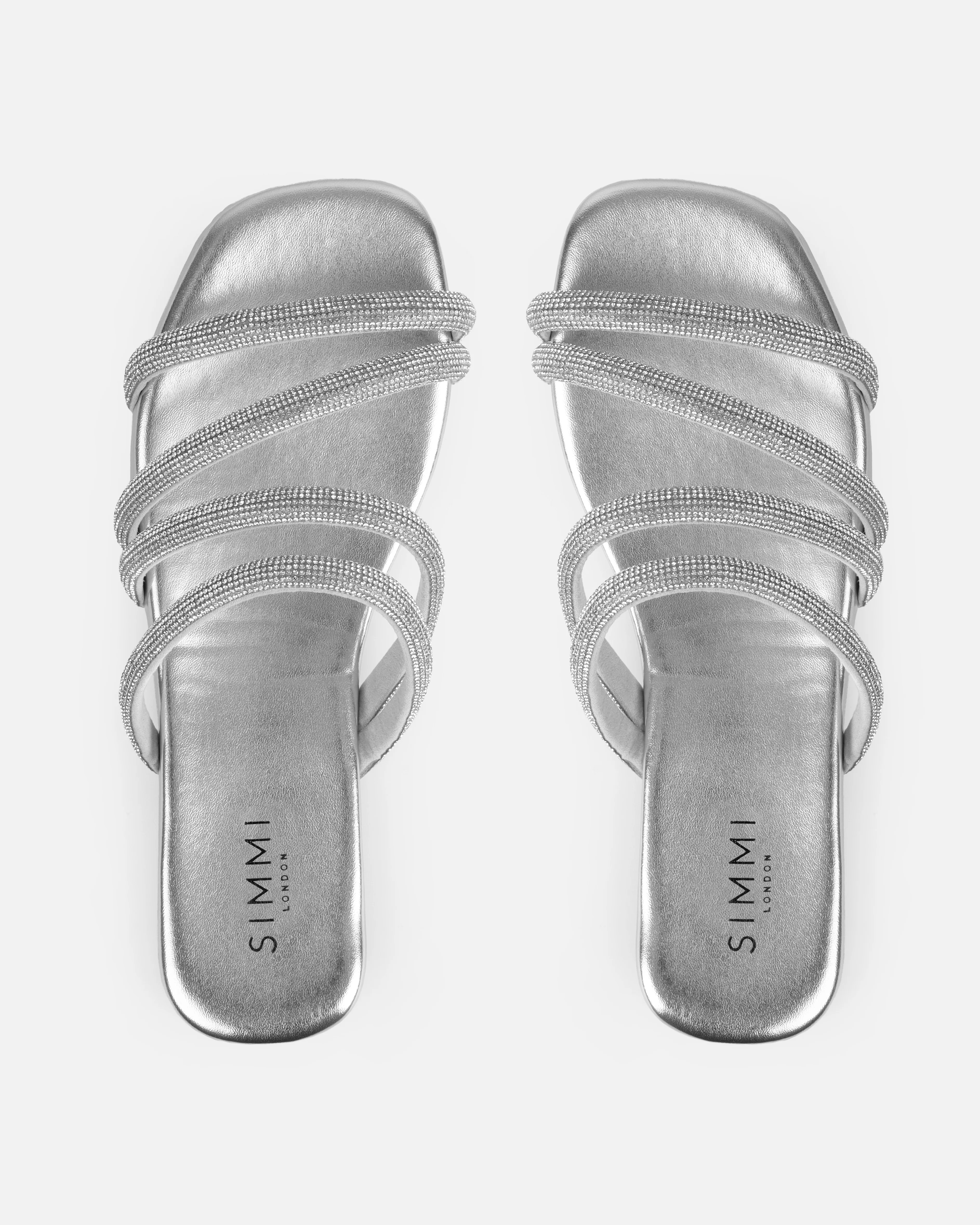 Pettle Silver Diamante Strappy Flat Sandals - Image 3
