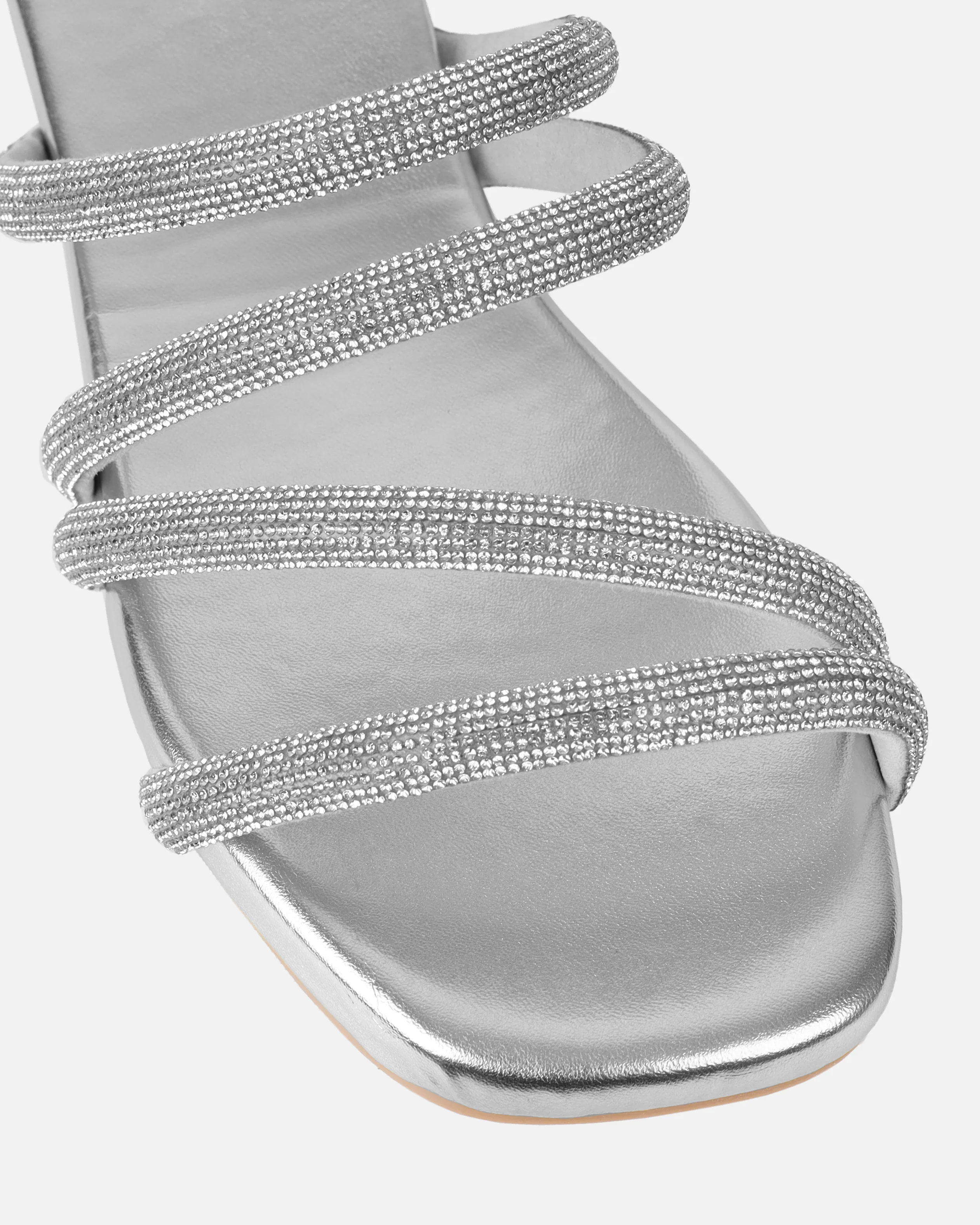 Pettle Silver Diamante Strappy Flat Sandals - Image 4