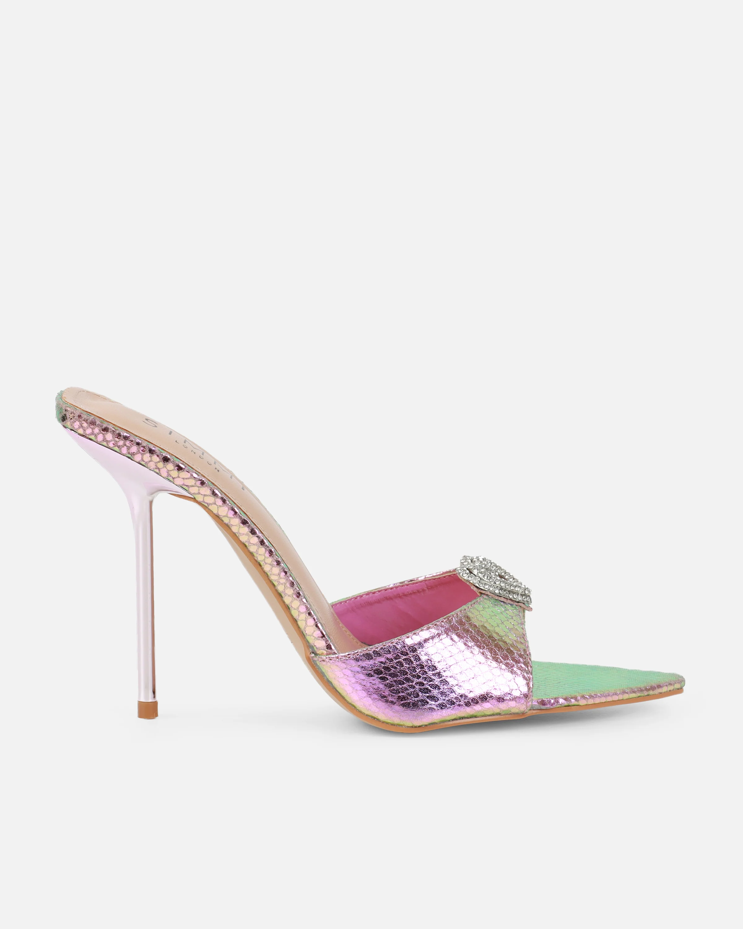 Phoeniz Pink And Green Iridescent Snake Heart Diamante Mules - Image 2