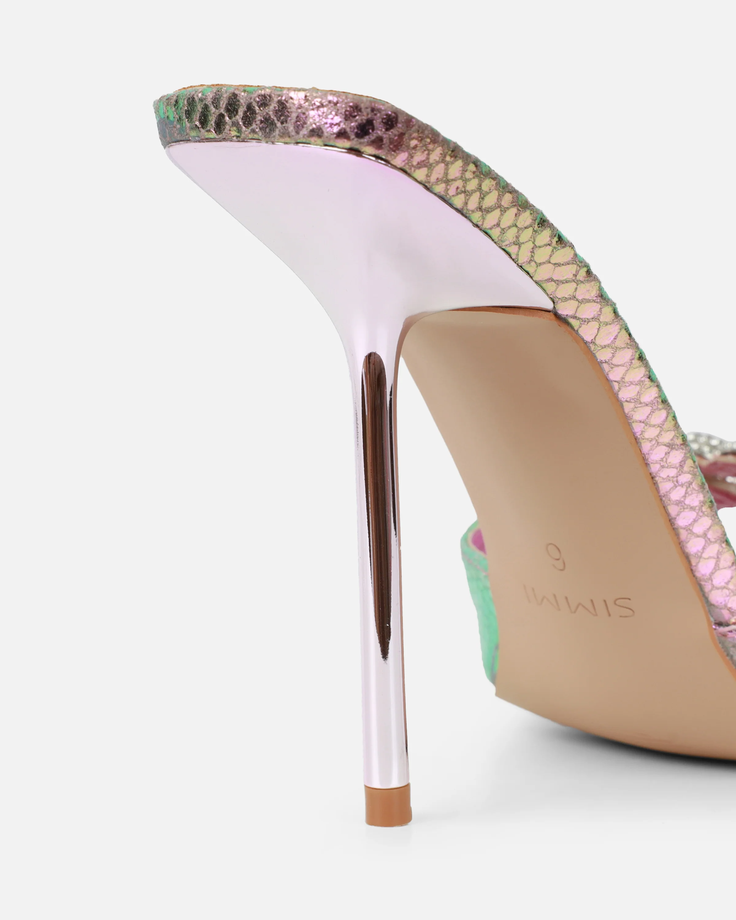 Phoeniz Pink And Green Iridescent Snake Heart Diamante Mules - Image 3
