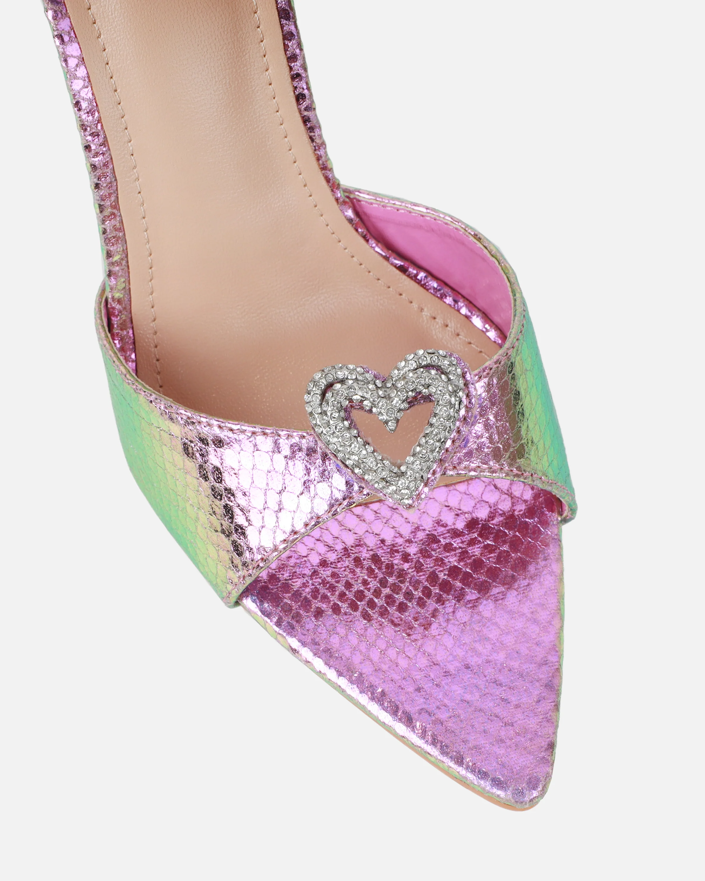Phoeniz Pink And Green Iridescent Snake Heart Diamante Mules - Image 4