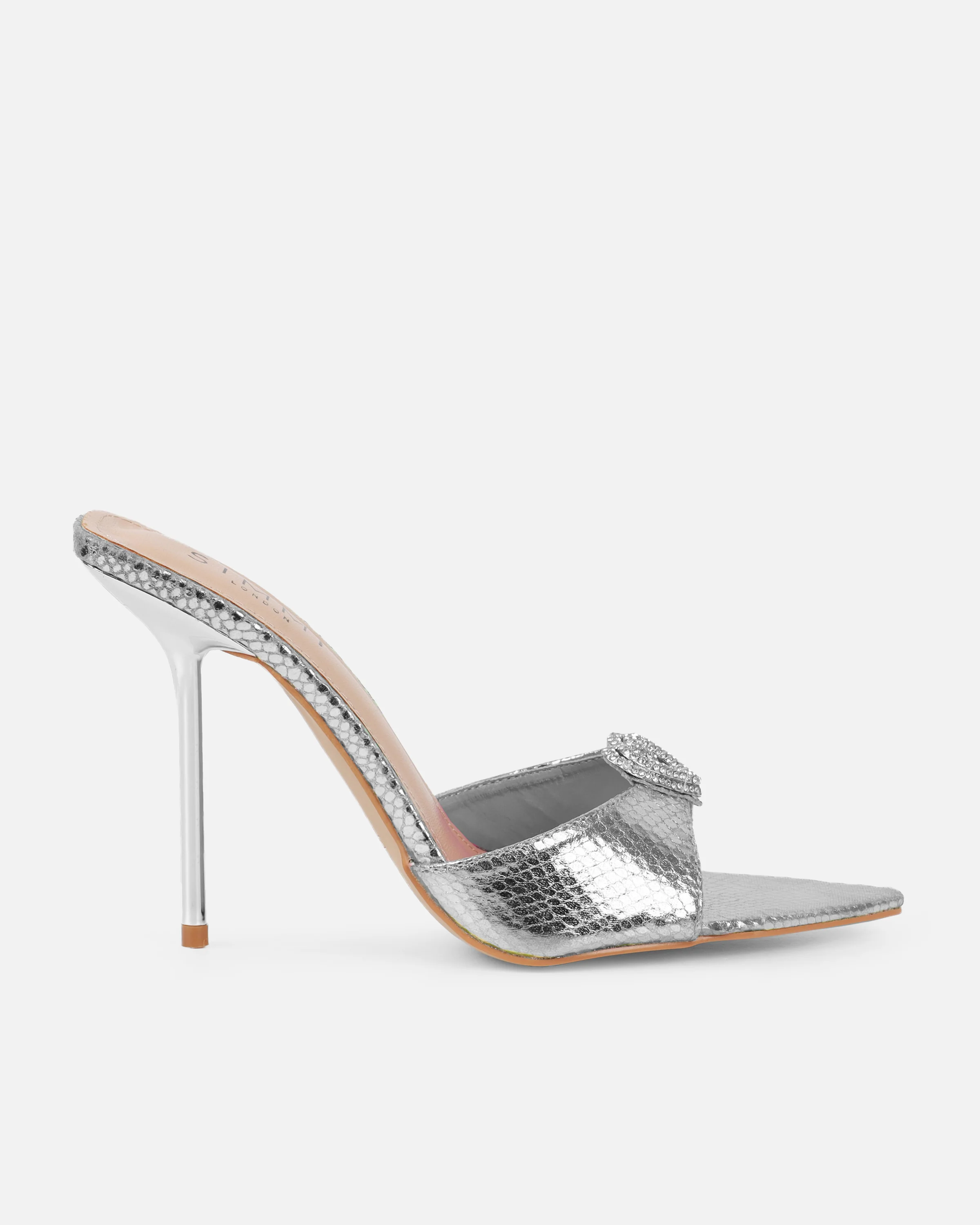 Phoeniz Silver Metallic Snake Heart Diamante Mules - Image 2
