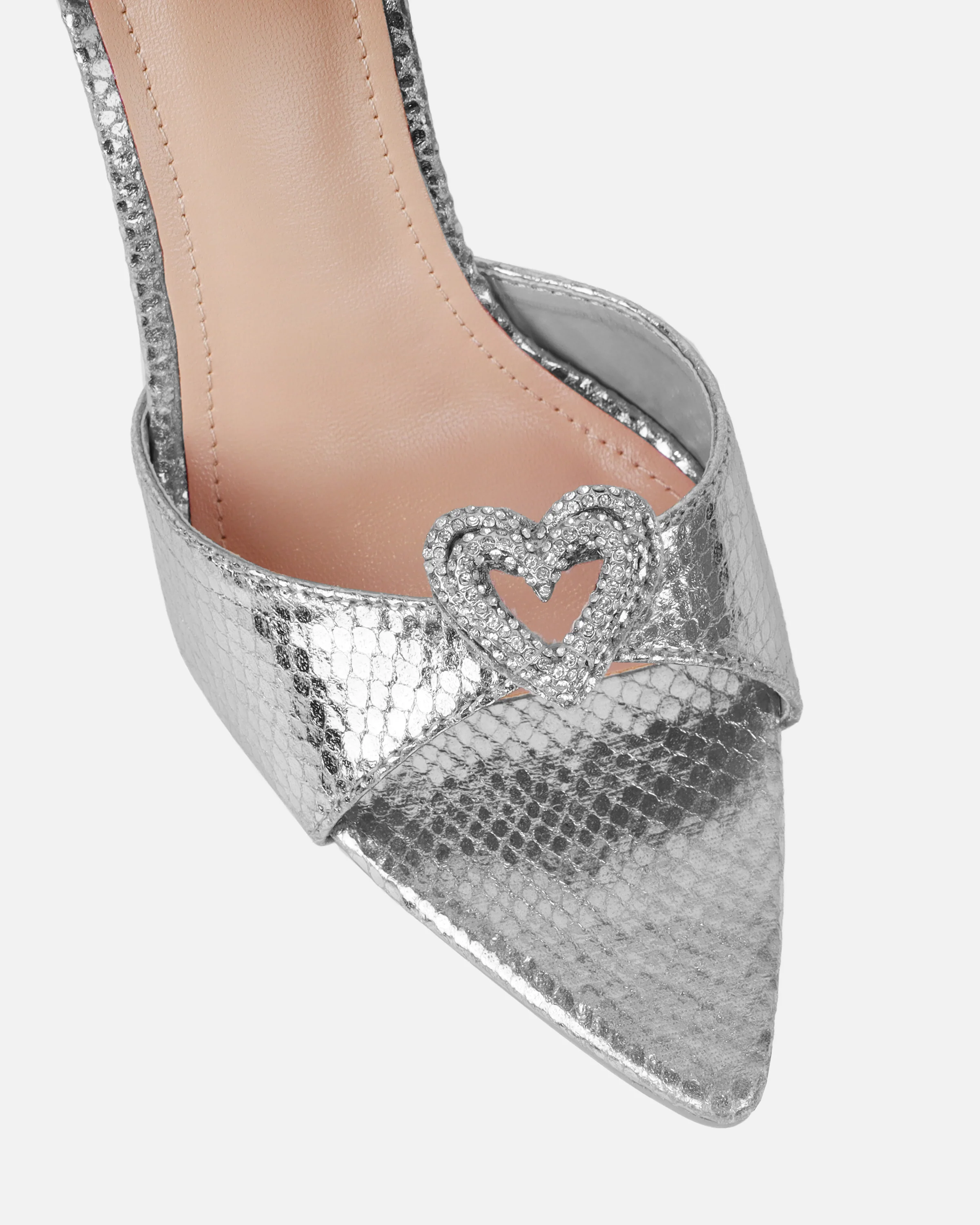 Phoeniz Silver Metallic Snake Heart Diamante Mules - Image 4