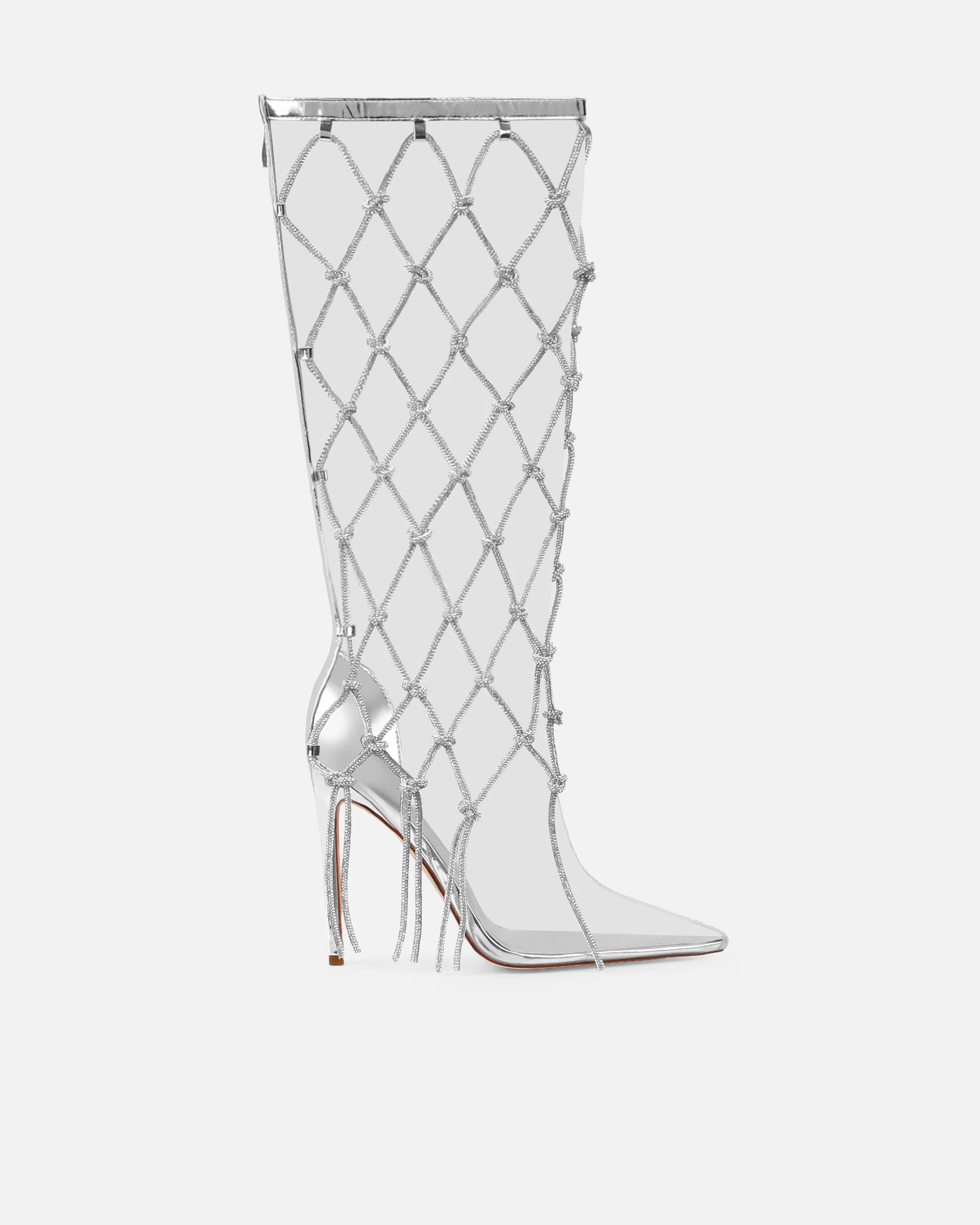 Picasso Silver Clear Diamante Stiletto Knee High Boots - Image 2