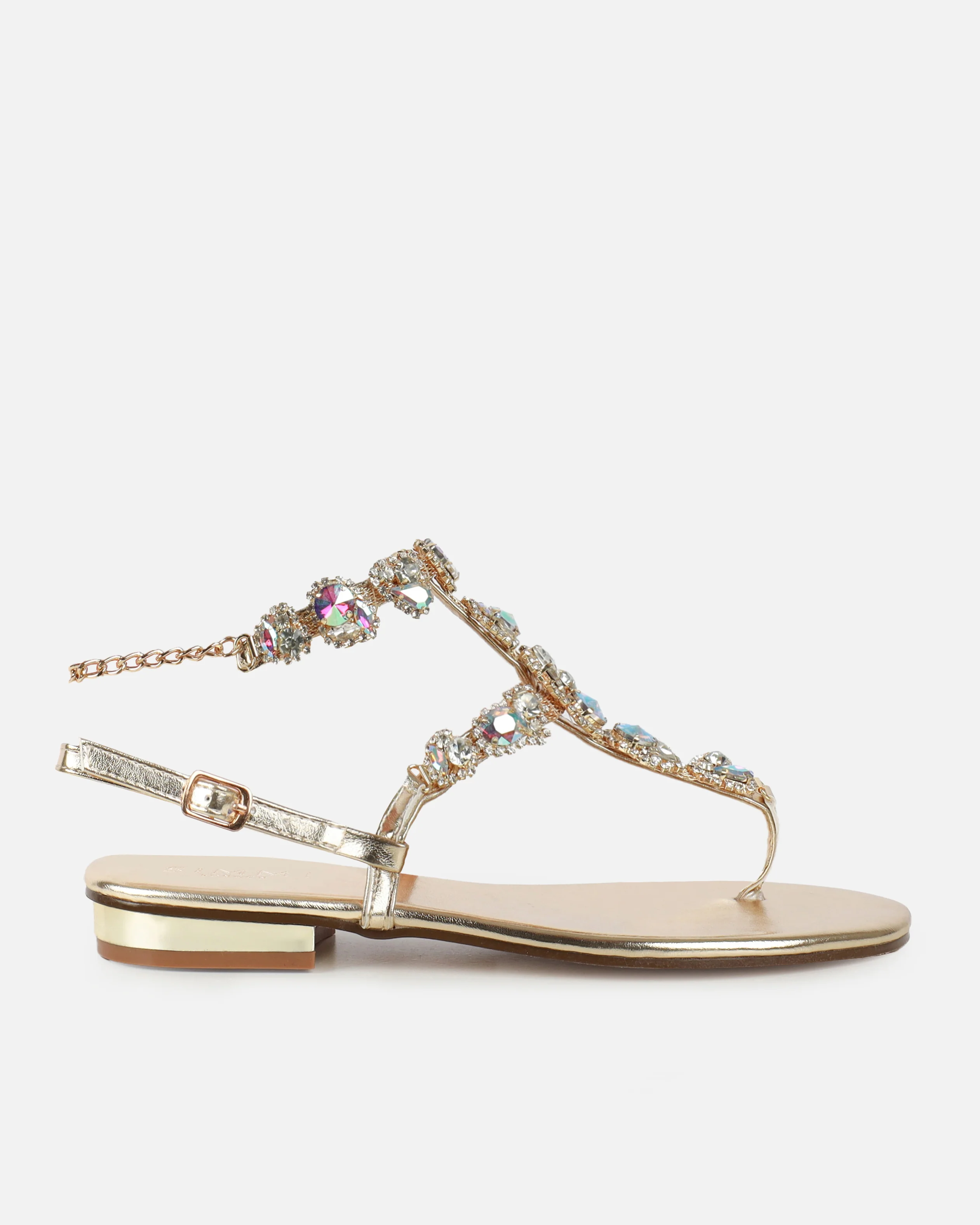 Praire Gold Diamante Toe Thong Flat Sandals - Image 2