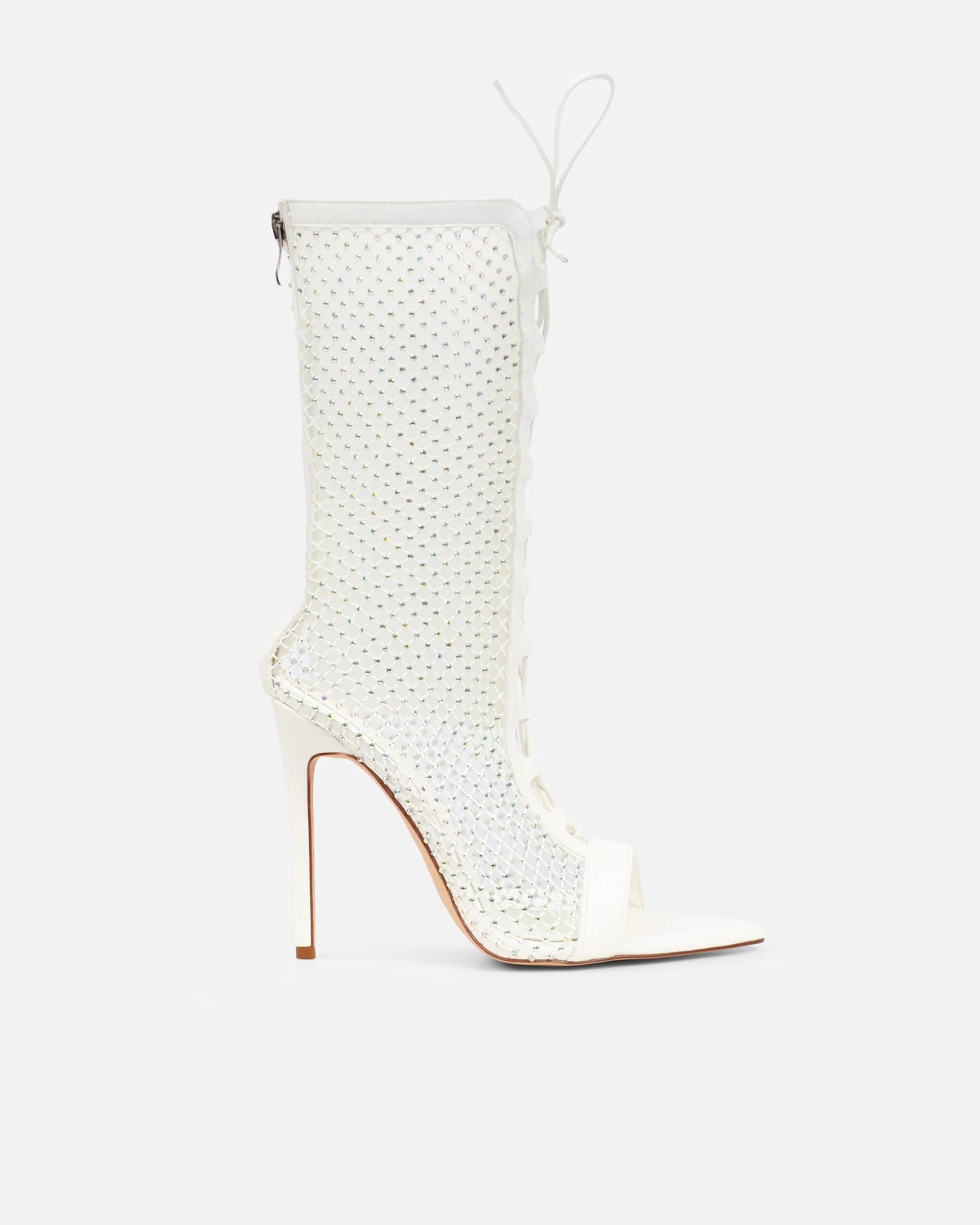 Prima White Diamante Mesh Lace Up Heeled Sandals - Image 2