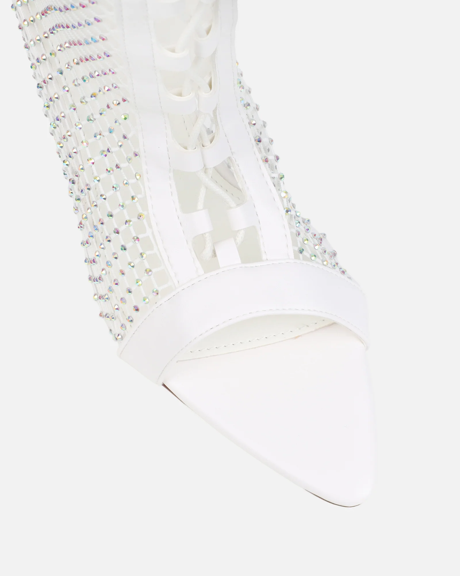Prima White Diamante Mesh Lace Up Heeled Sandals - Image 4