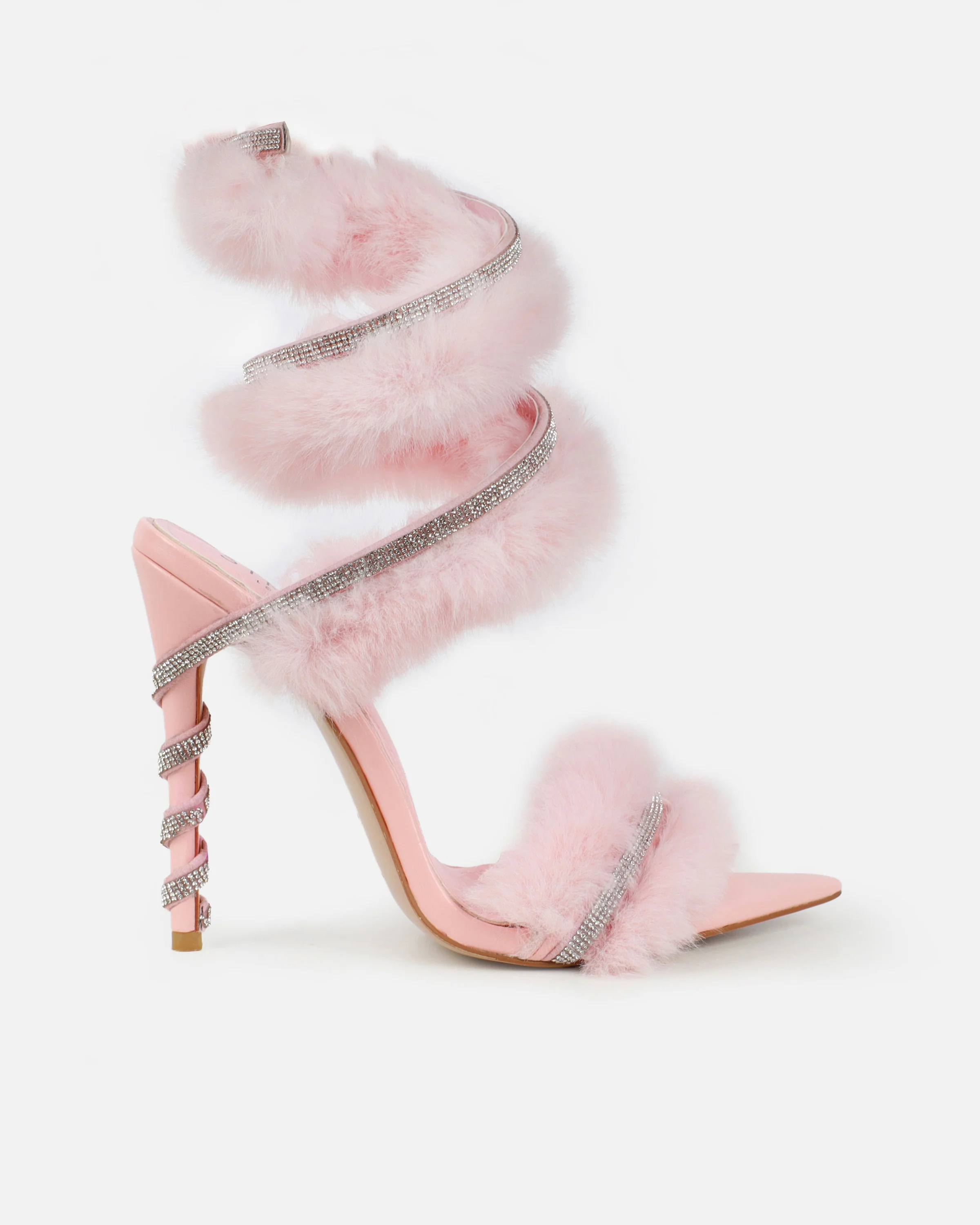 Queen Baby Pink Faux Fur Diamante Spiral Sandals - Image 2