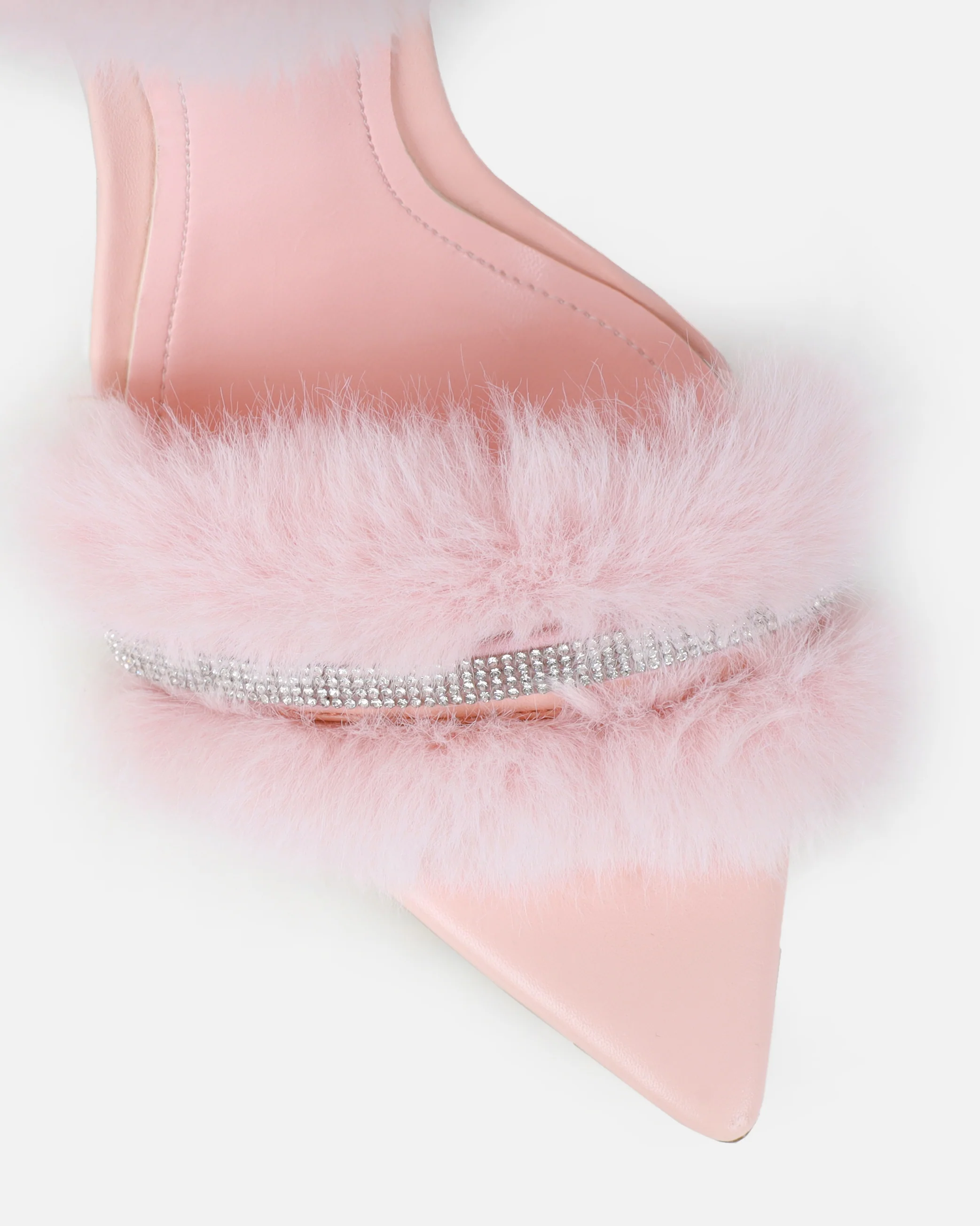 Queen Baby Pink Faux Fur Diamante Spiral Sandals - Image 4
