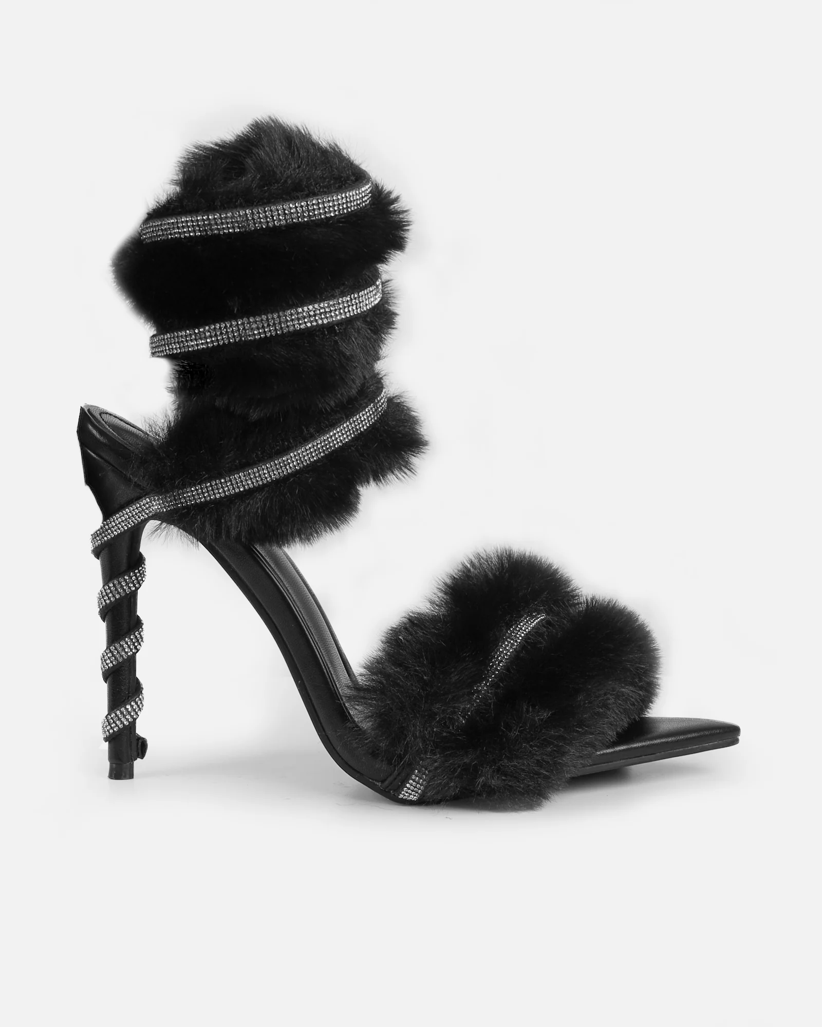 Queen Black Faux Fur Diamante Spiral Sandals - Image 2